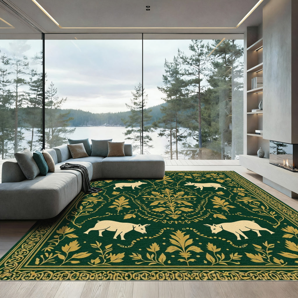 Green and Gold Forest Scene Rug