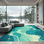 Teal Abstract Flowing River Trees Rug