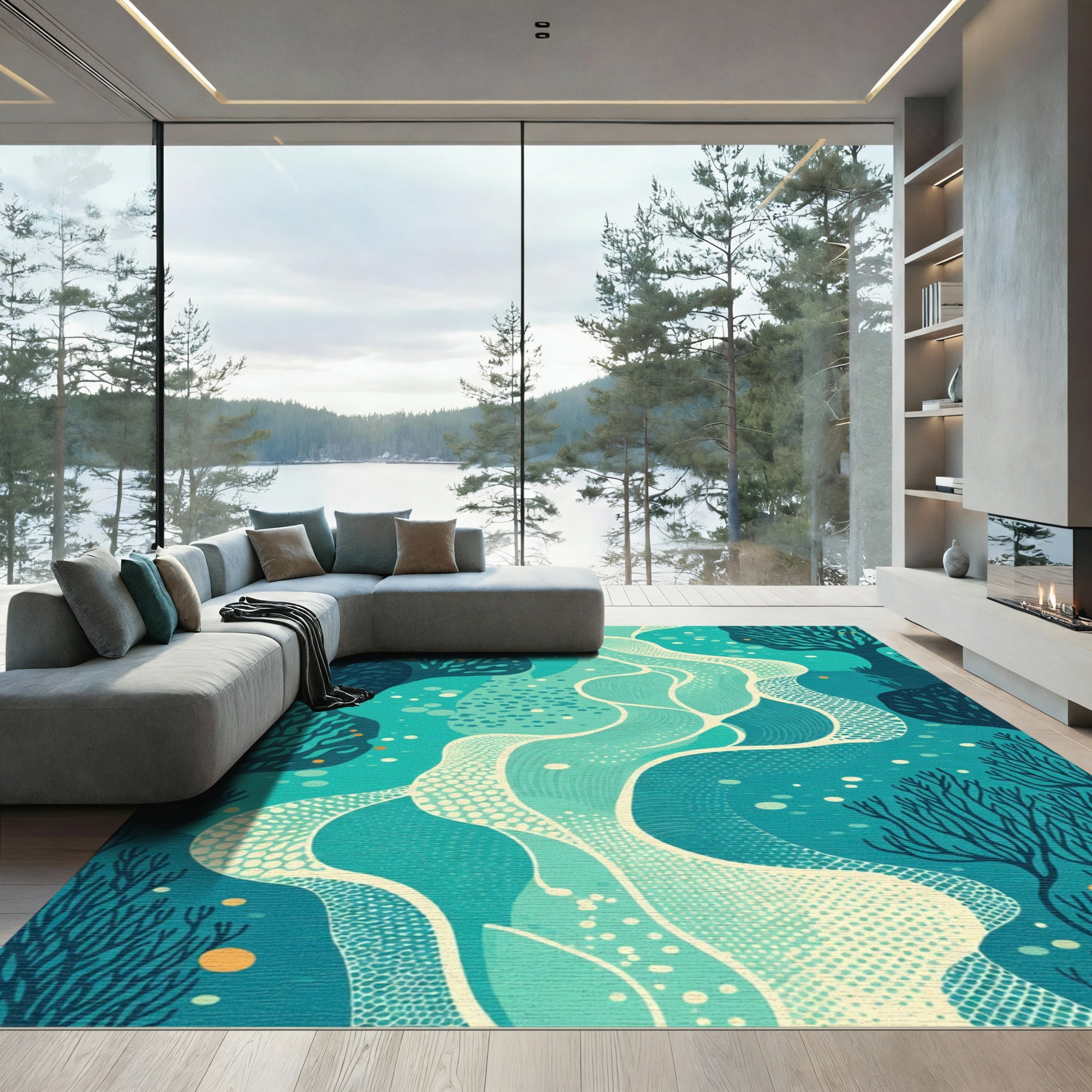 Teal Abstract Flowing River Trees Rug