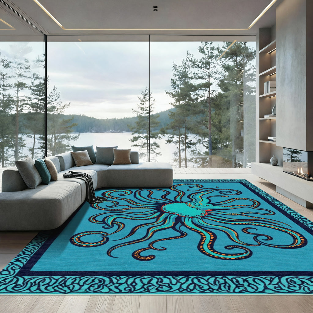 Teal Octopus Arms Ornamental Border Rug
