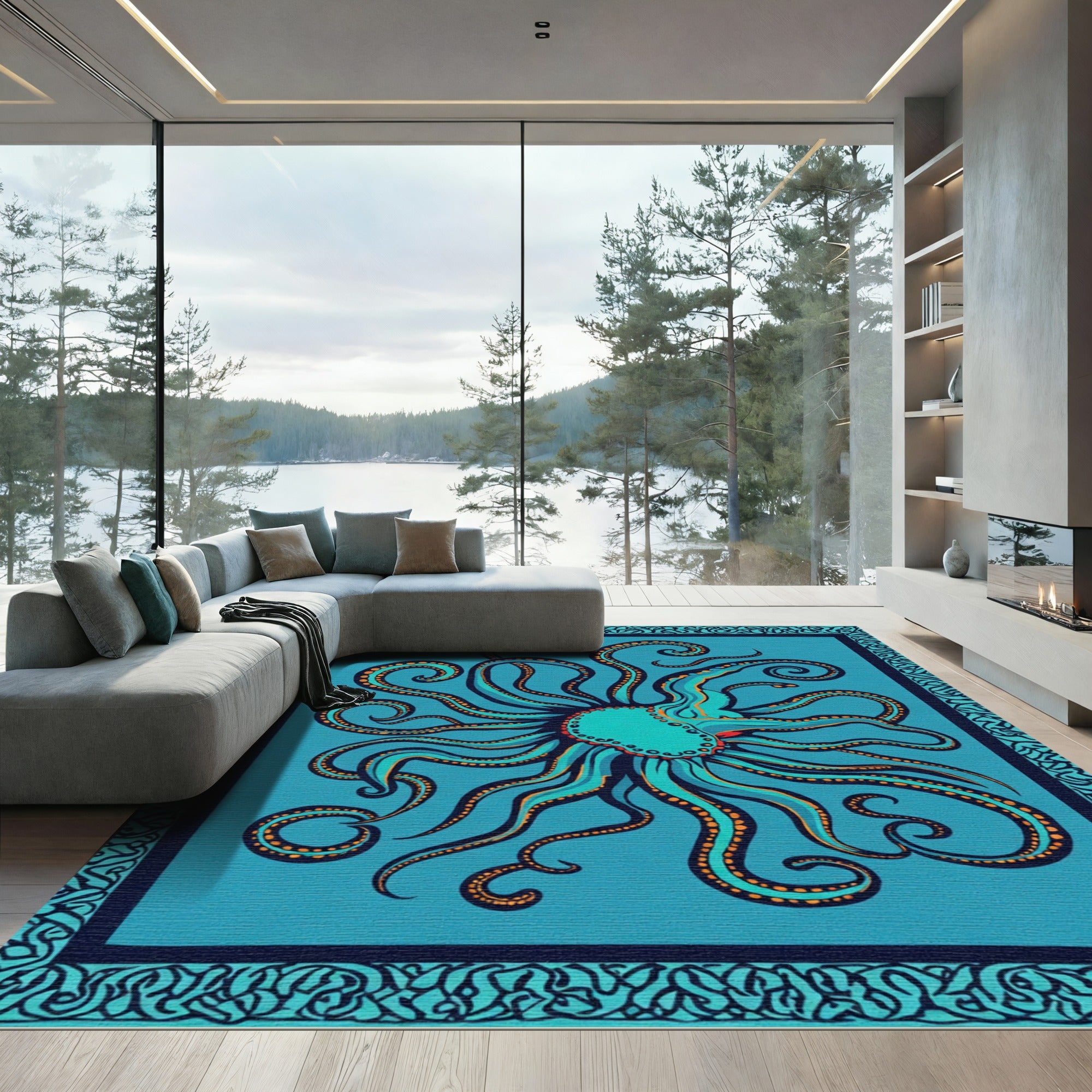 Teal Octopus Arms Ornamental Border Rug