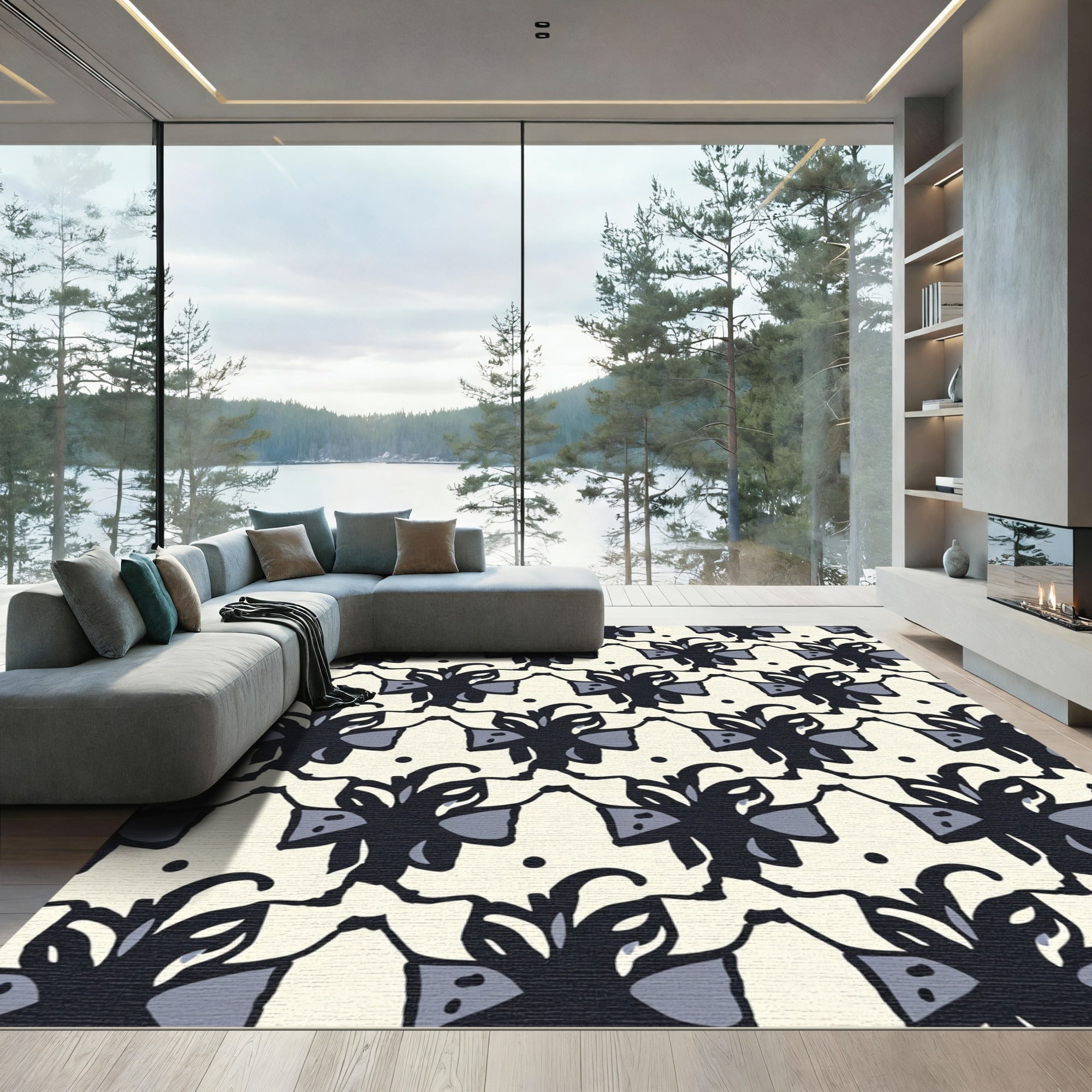 Dark Navy Abstract Floral Brocade Rug