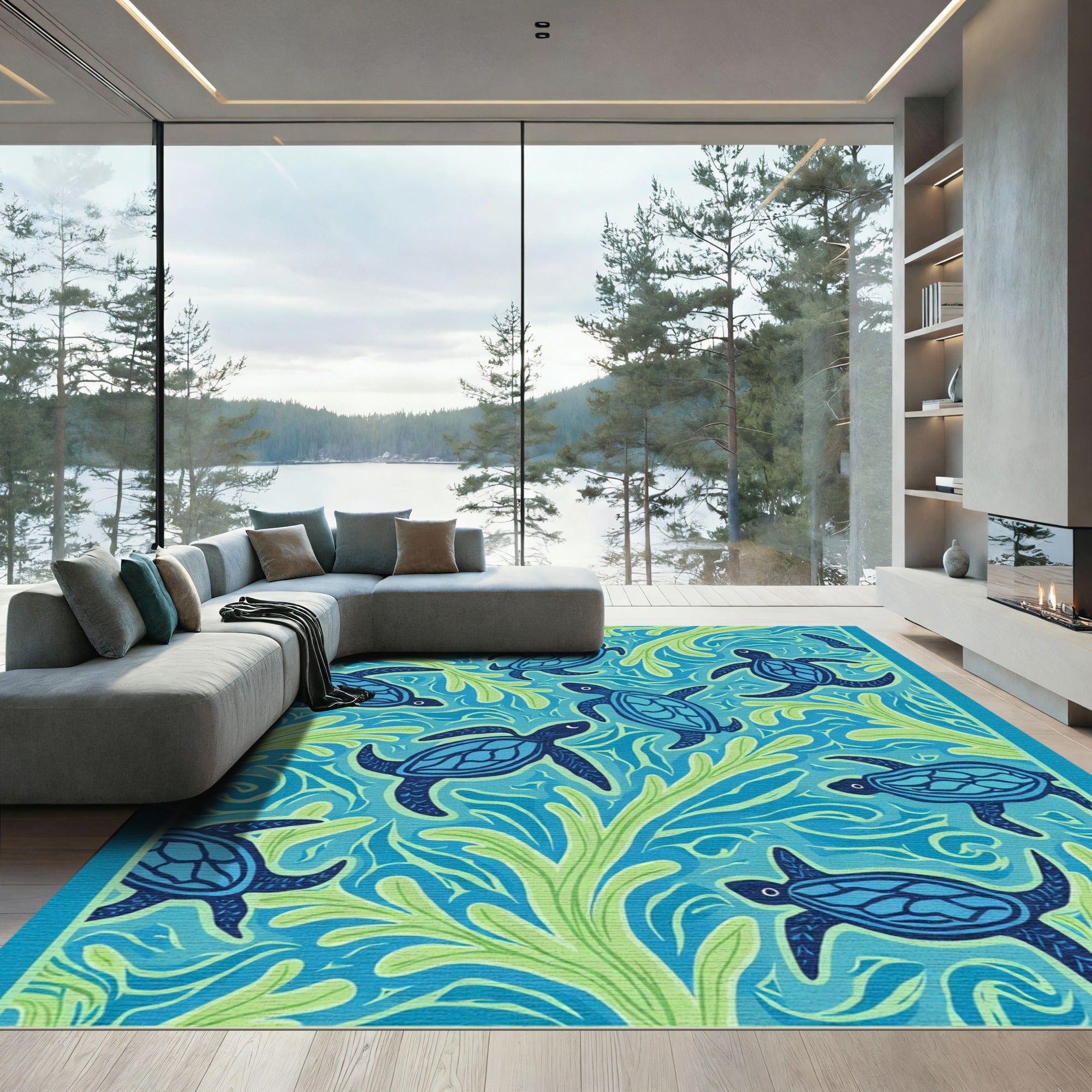 Oceanic Blue Turtle Sea Kelp Rug