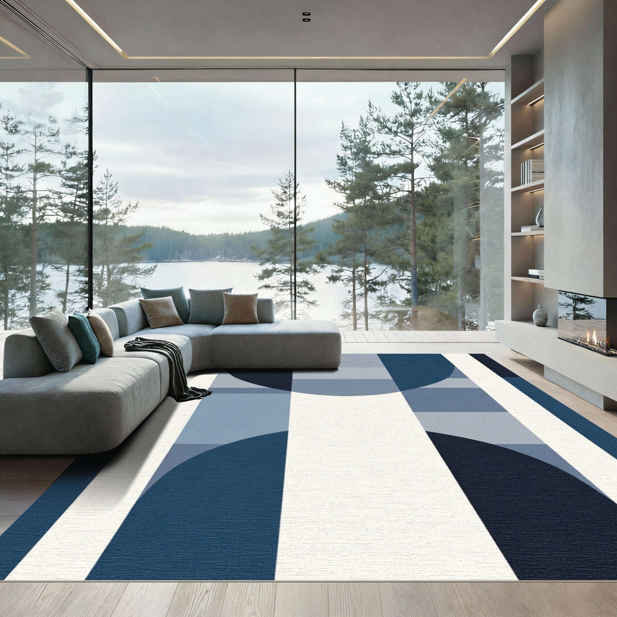 Deep Blue Geometric Arch Blocks Rug