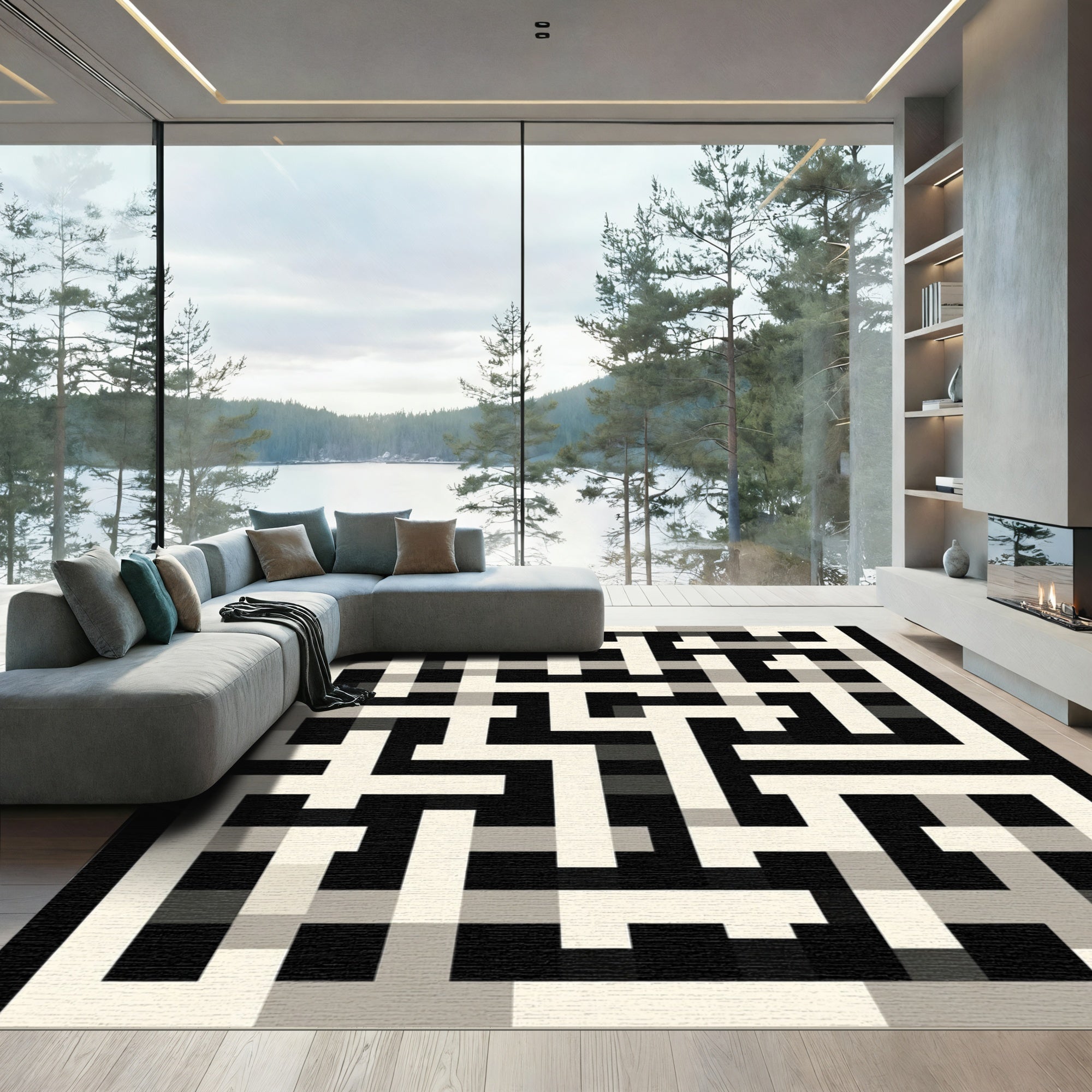 Monochrome Maze Geometric Lines Rug