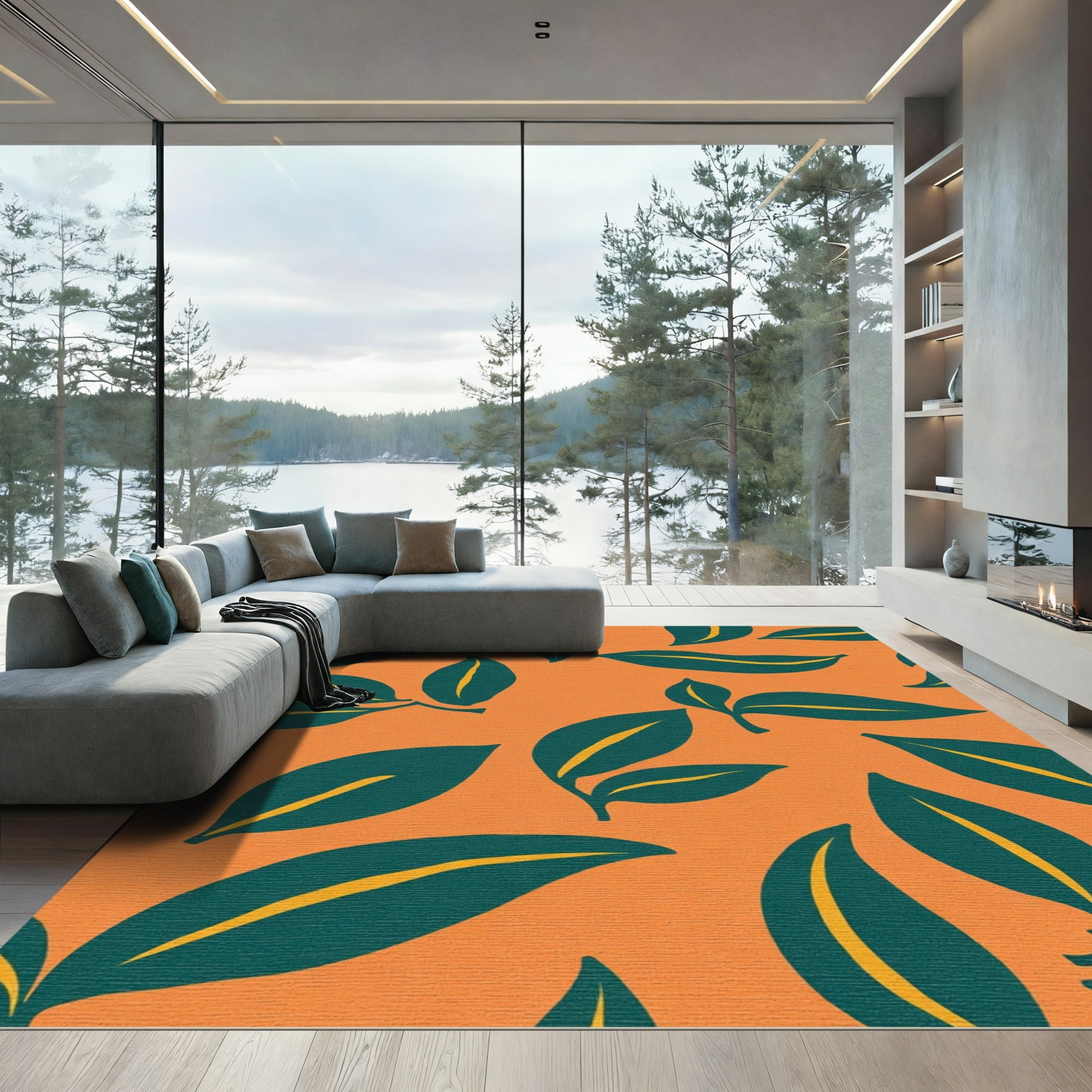 Teal Leaf Burst Orange Rug