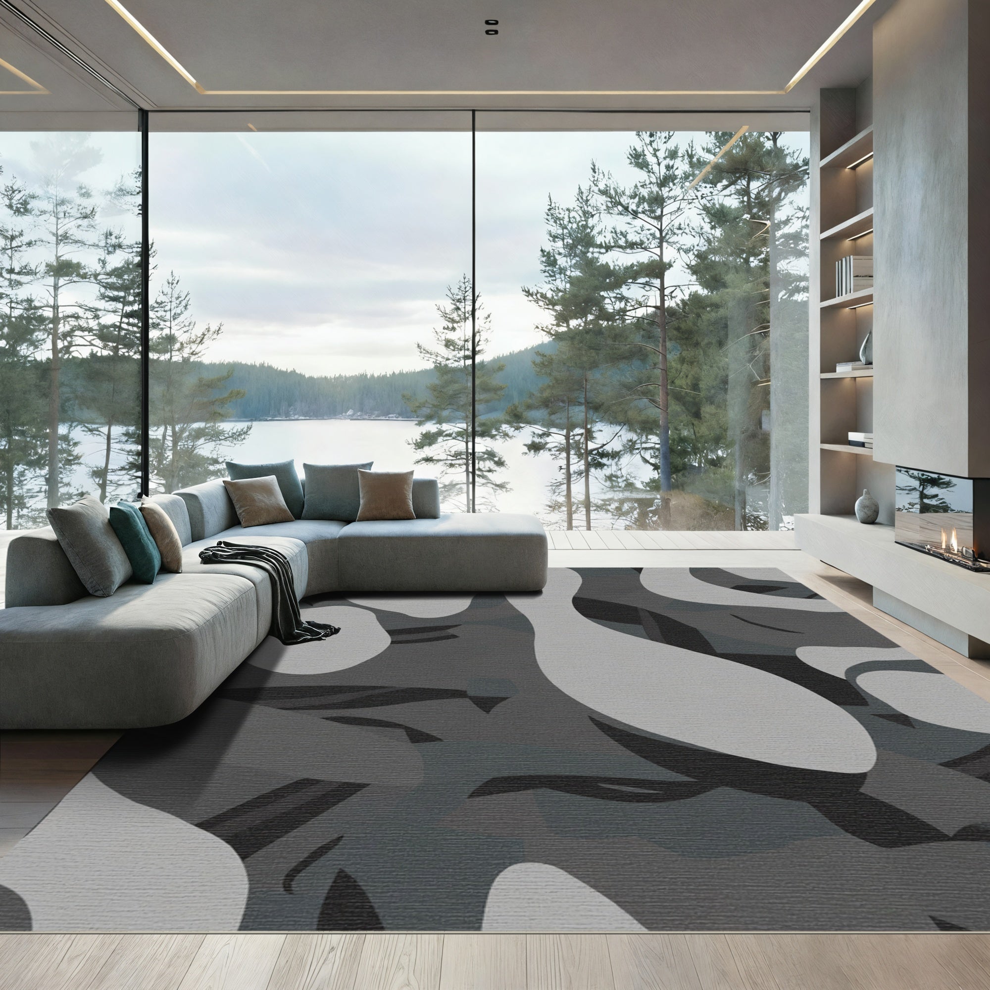 Monochrome Abstract Organic Shape Rug