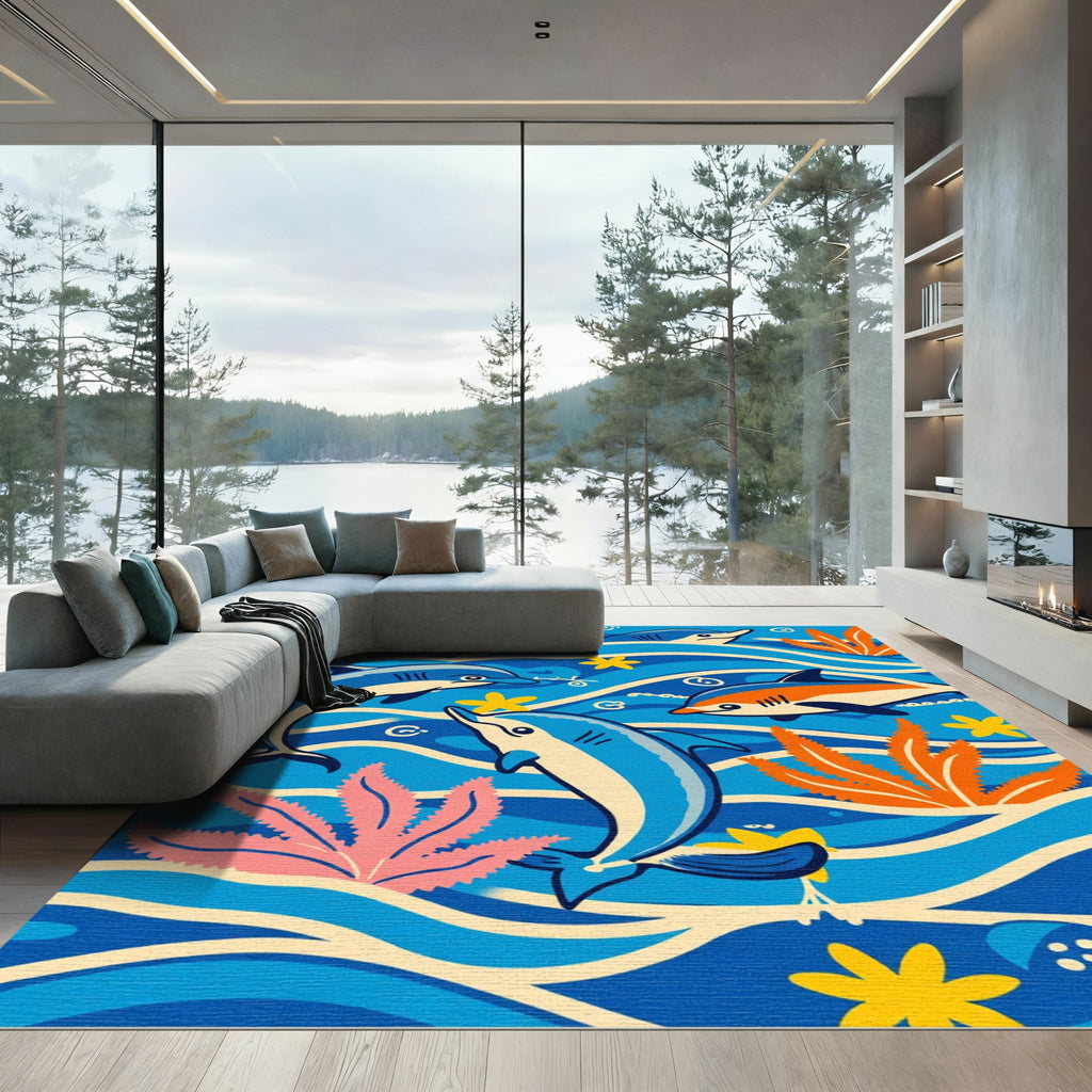 Playful Blue Dolphin Summer Wave Scene Rug