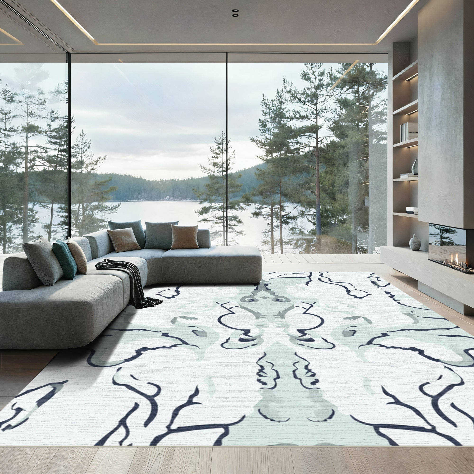 Light Blue Abstract Organic Curving Forms Rug