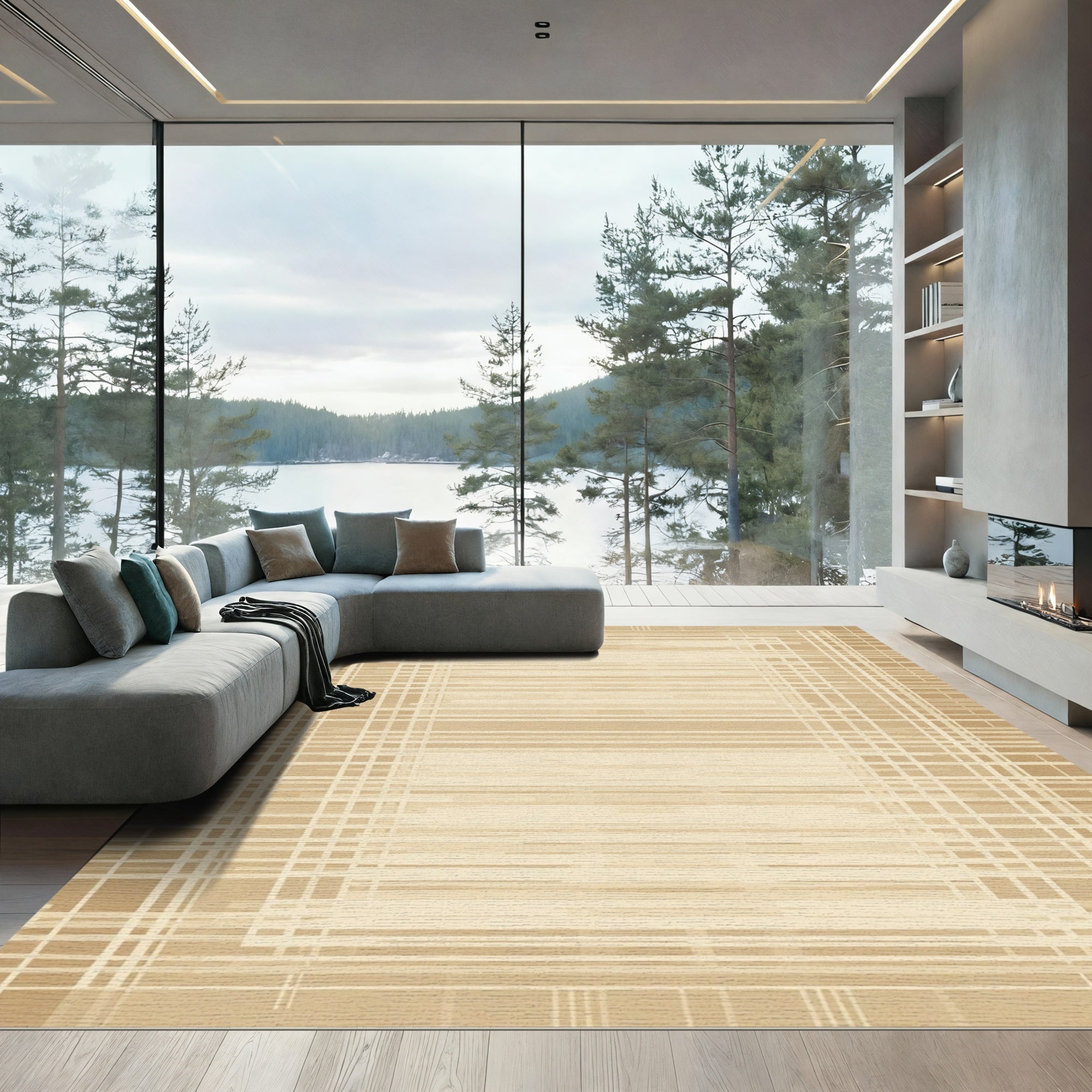 Soft Beige Linear Grid Rug