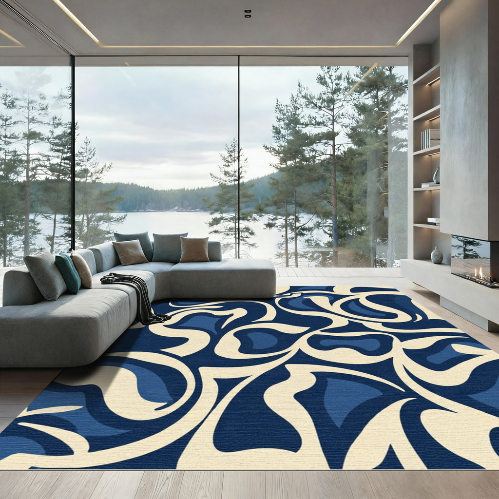 Abstract Navy Beige Swirls Rug