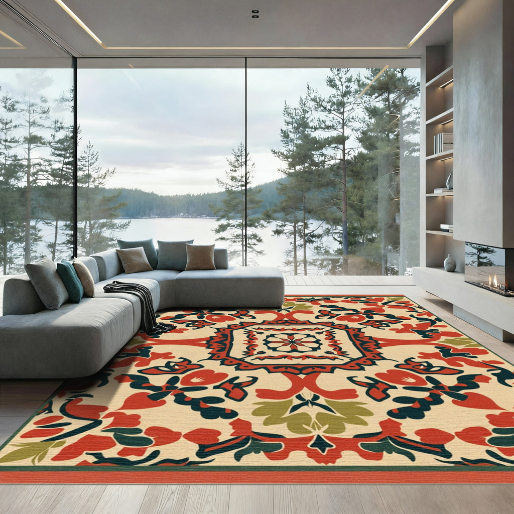 Crimson Floral Medallion with Emerald Accents Rug
