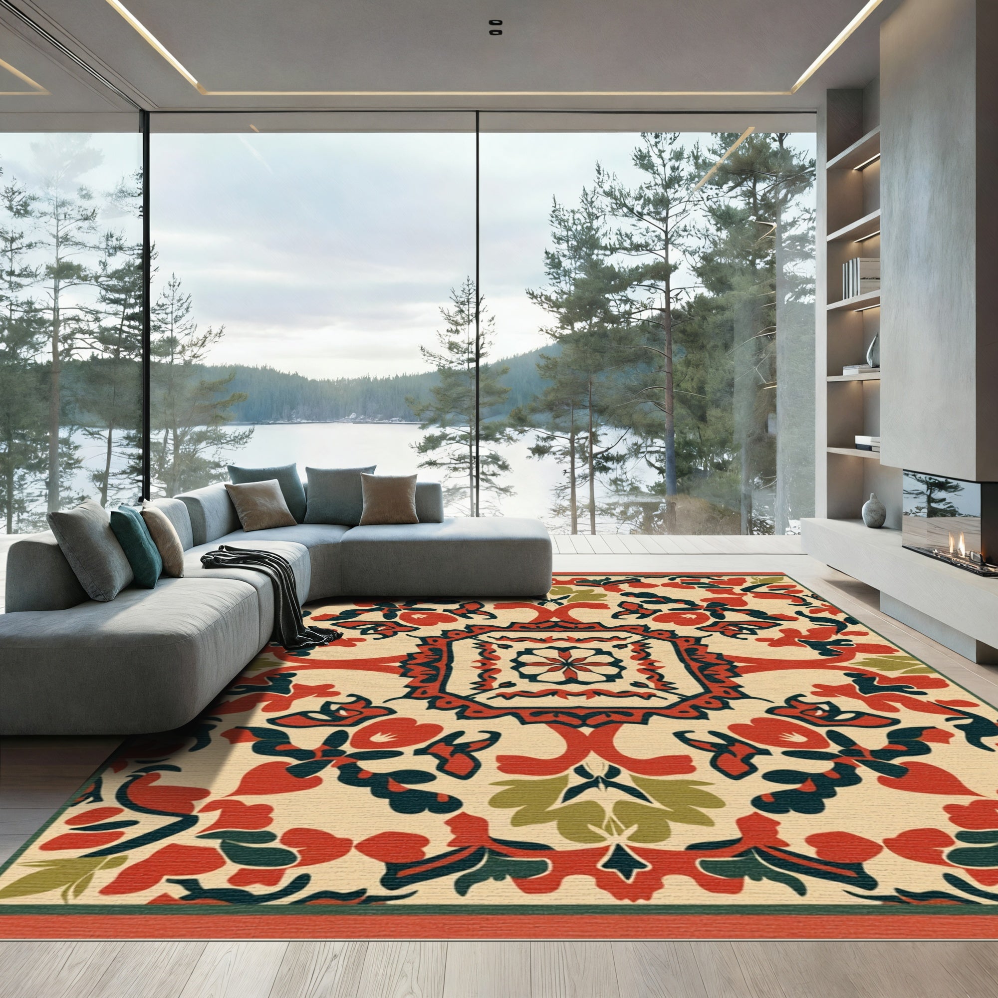 Crimson Floral Medallion with Emerald Accents Rug
