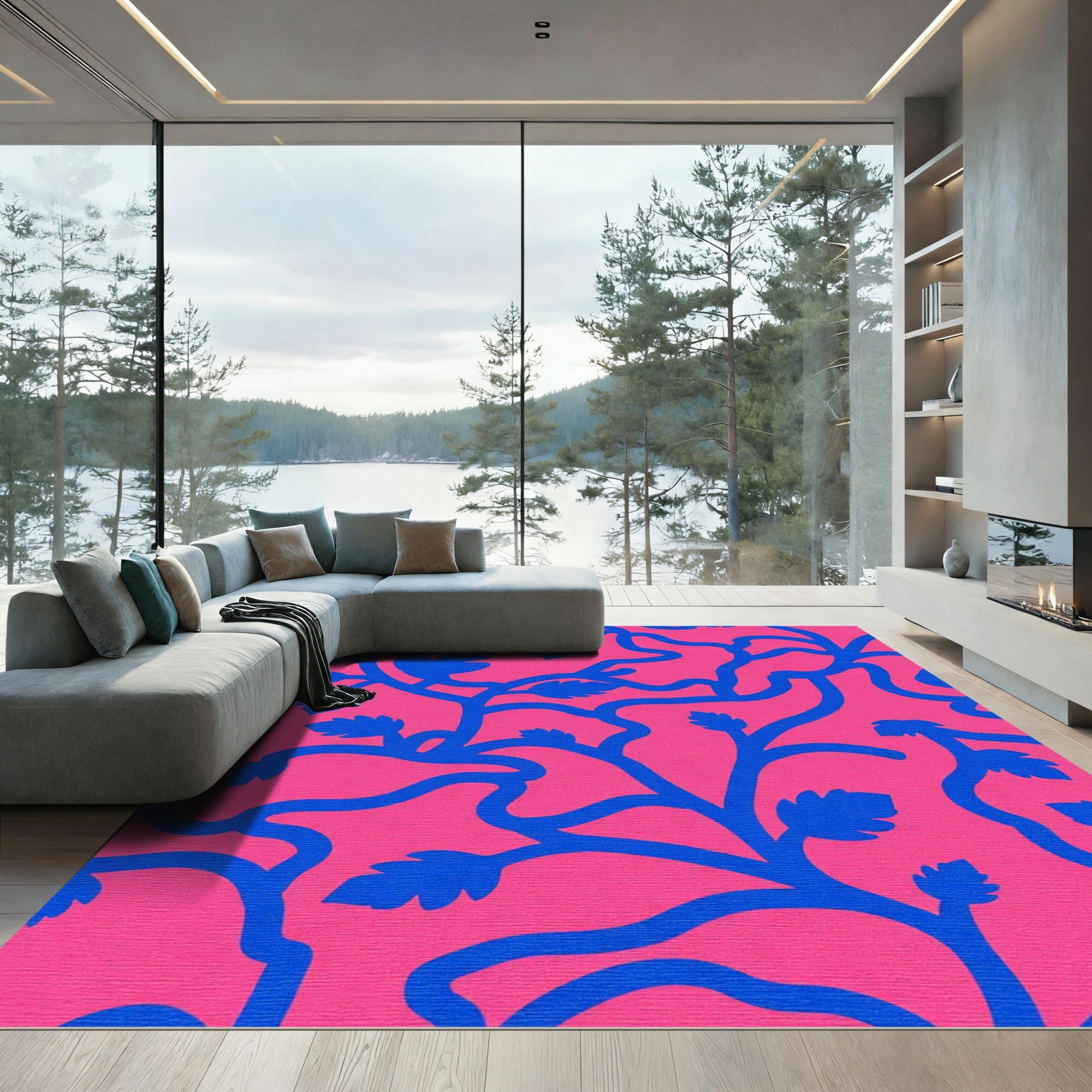 Vibrant Blue Botanical Swirl Rug