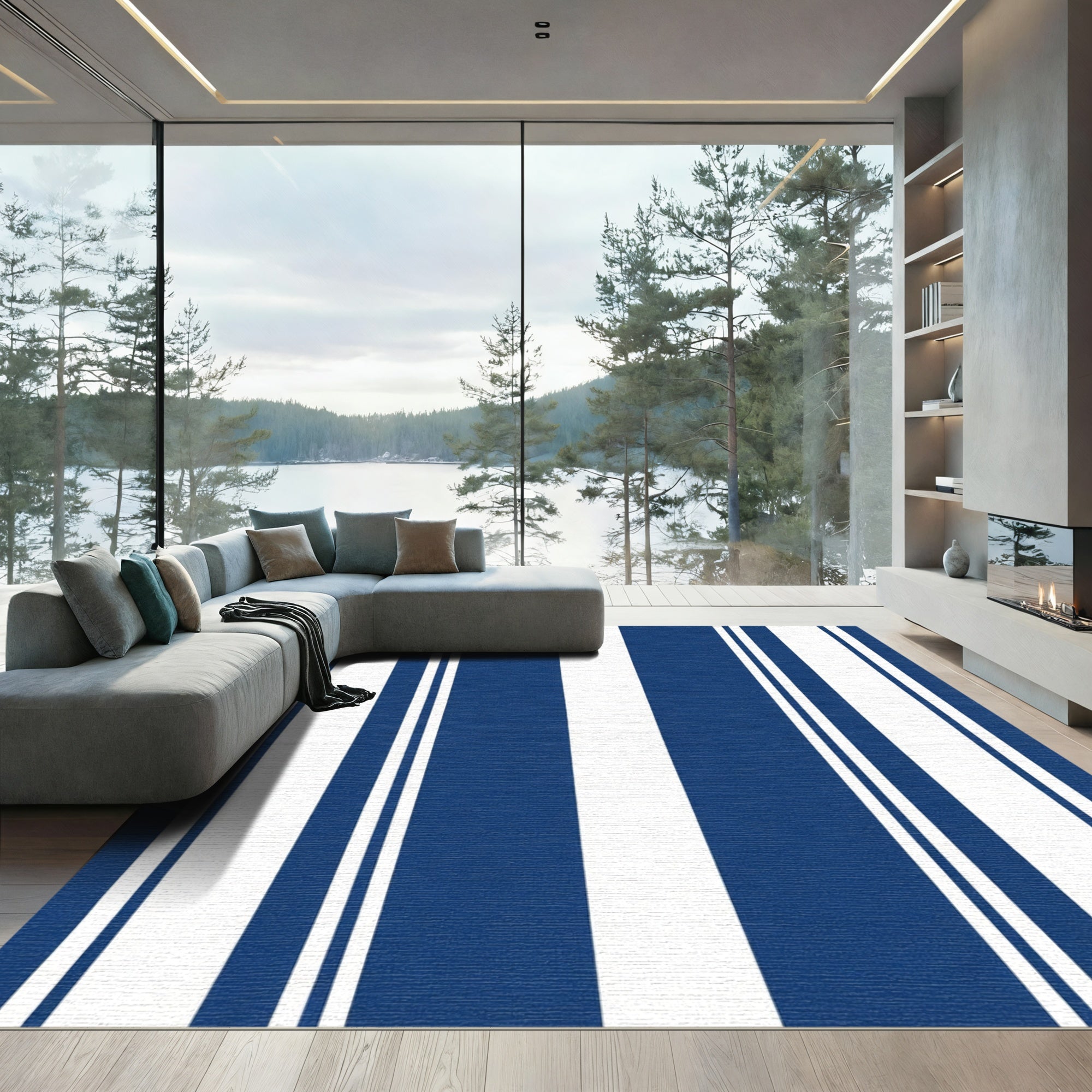 Bold Navy White Vertical Stripe Rug