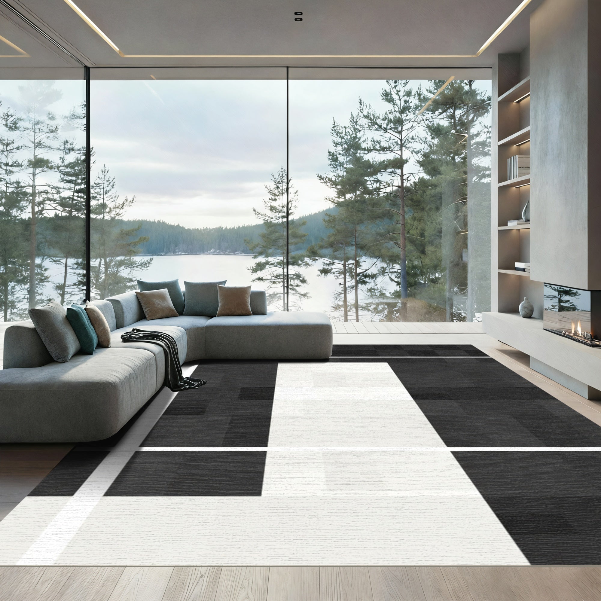 Monochrome Pixelated Geometric Blocks Rug