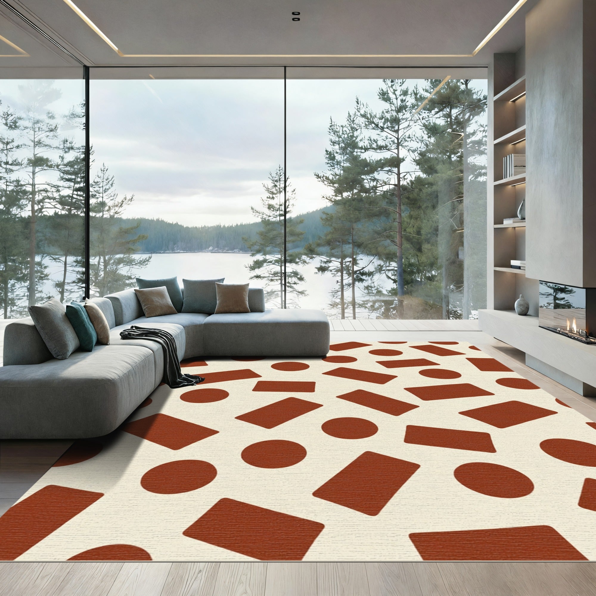Warm Amber Geometric Scattered Shapes Rug