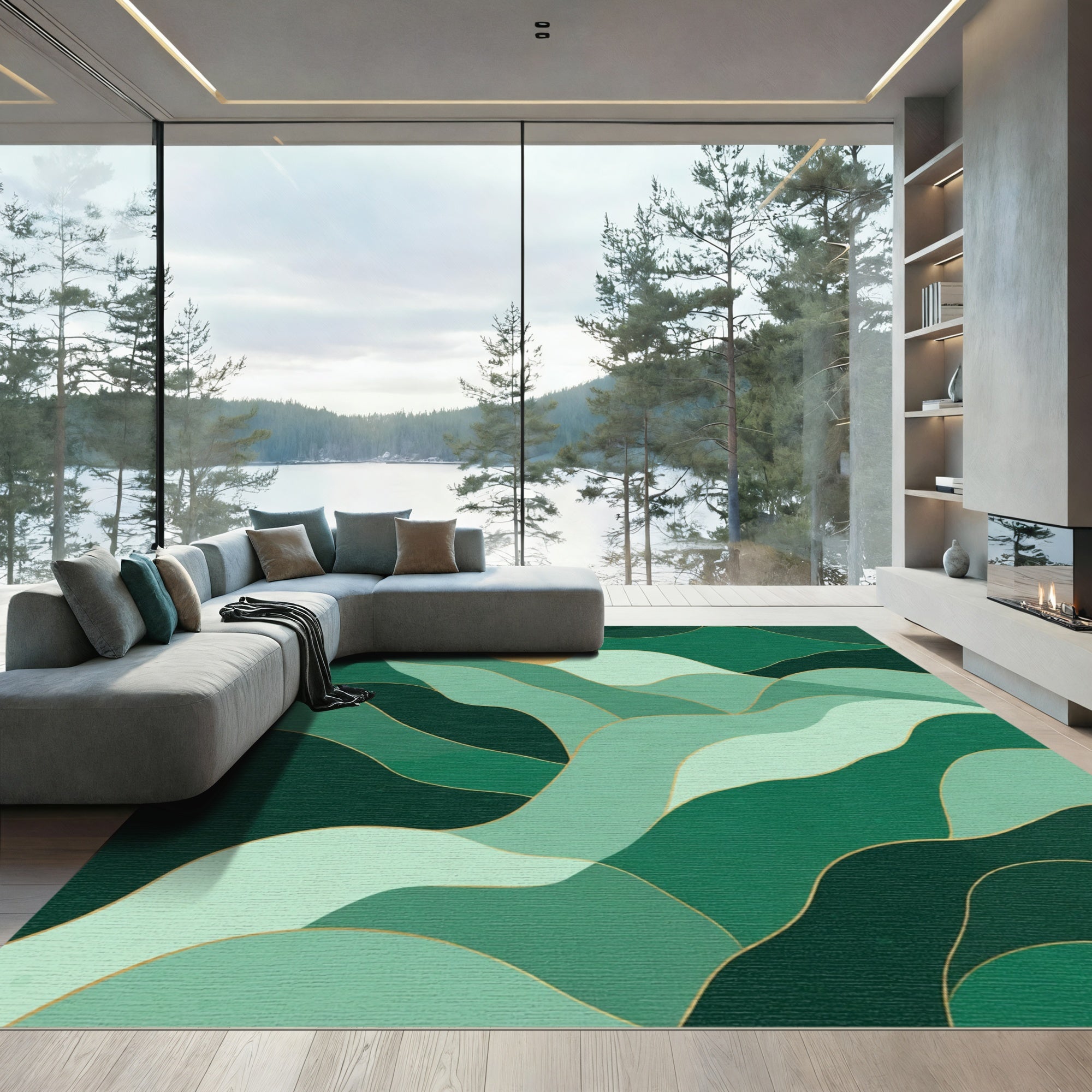 Emerald Green Landscape Sun Abstract Rug