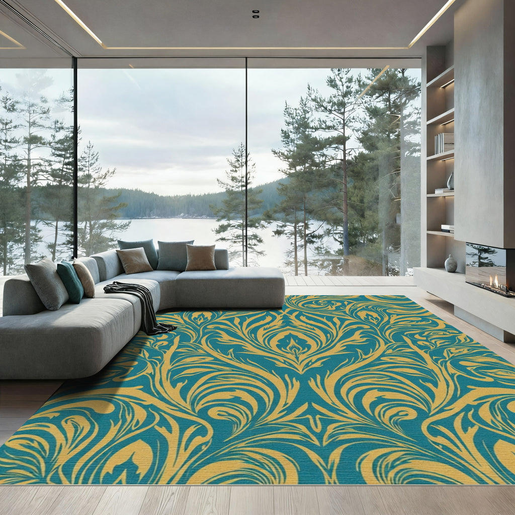 Teal Gold Classic Floral Swirl Rug