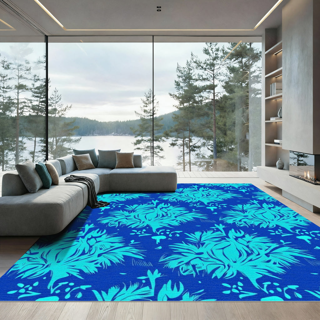 Electric Blue Tropical Floral Arrangement Rug