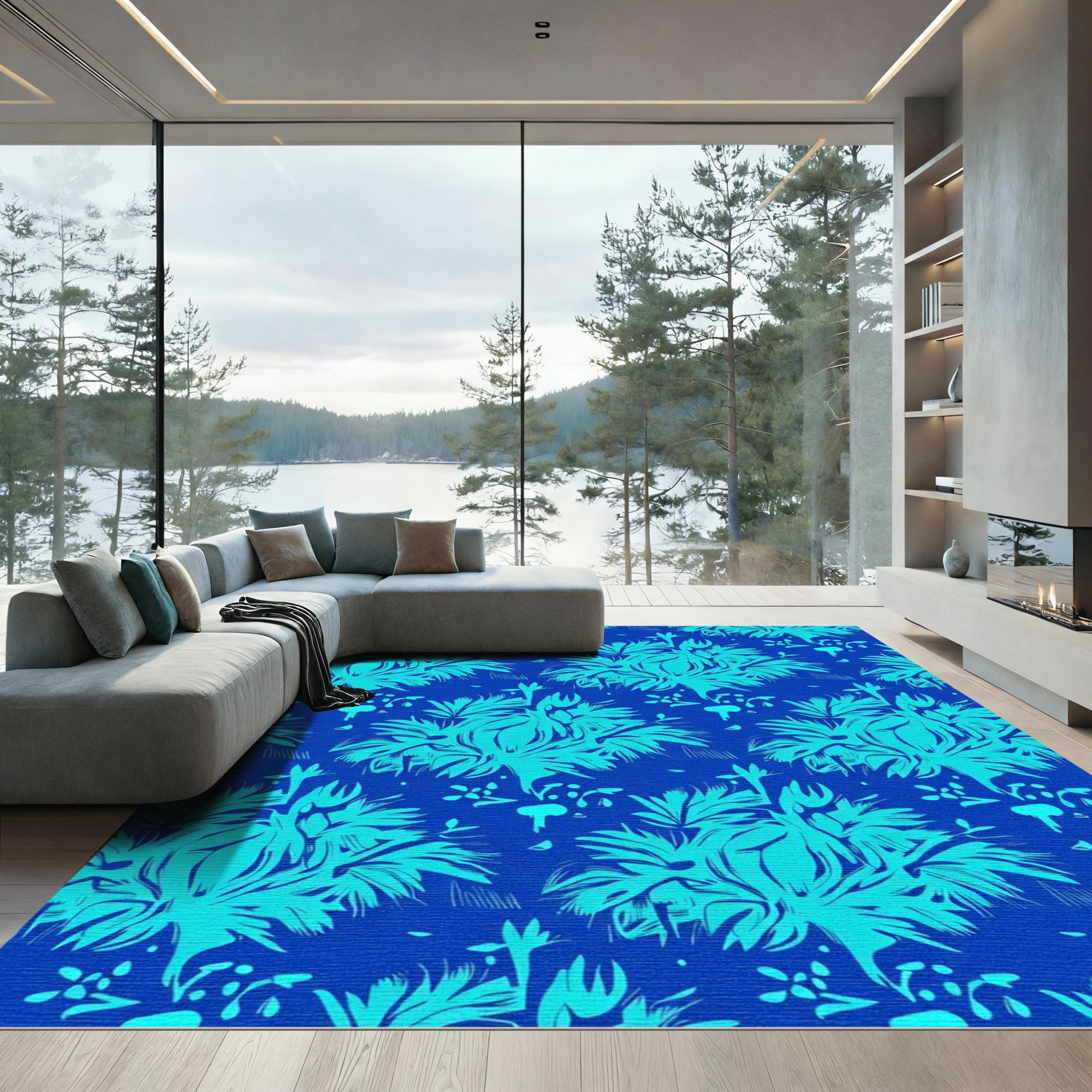 Electric Blue Tropical Floral Arrangement Rug