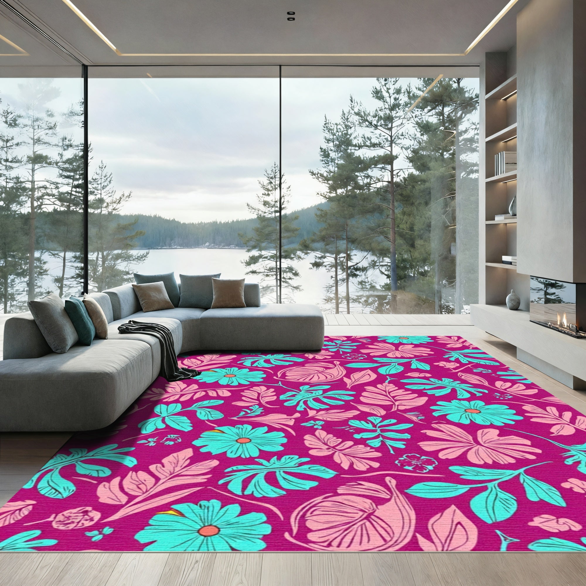 Vibrant Fuchsia Floral Leaf Medley Rug