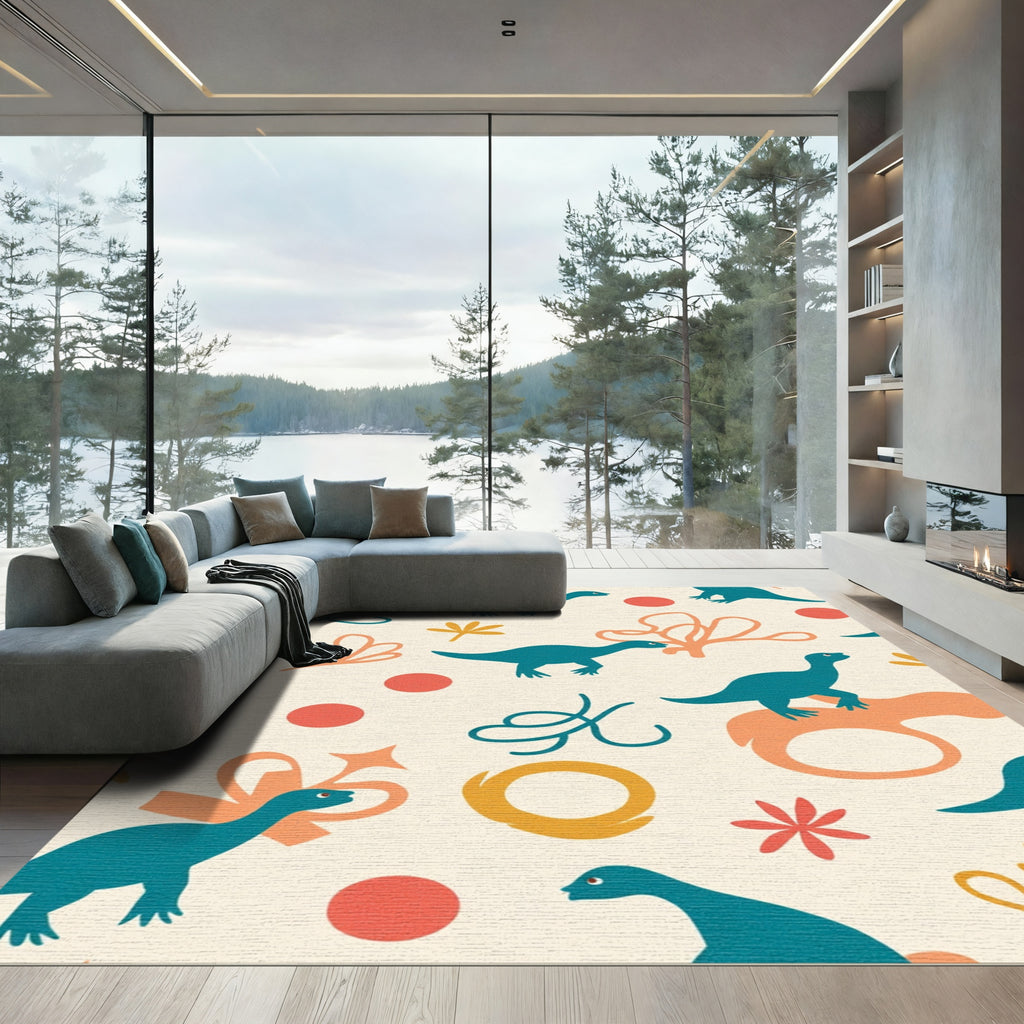 Teal Dinosaurs Orange Curvy Shapes Rug