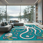 Whimsical White Octopus Seashells Teal Rug