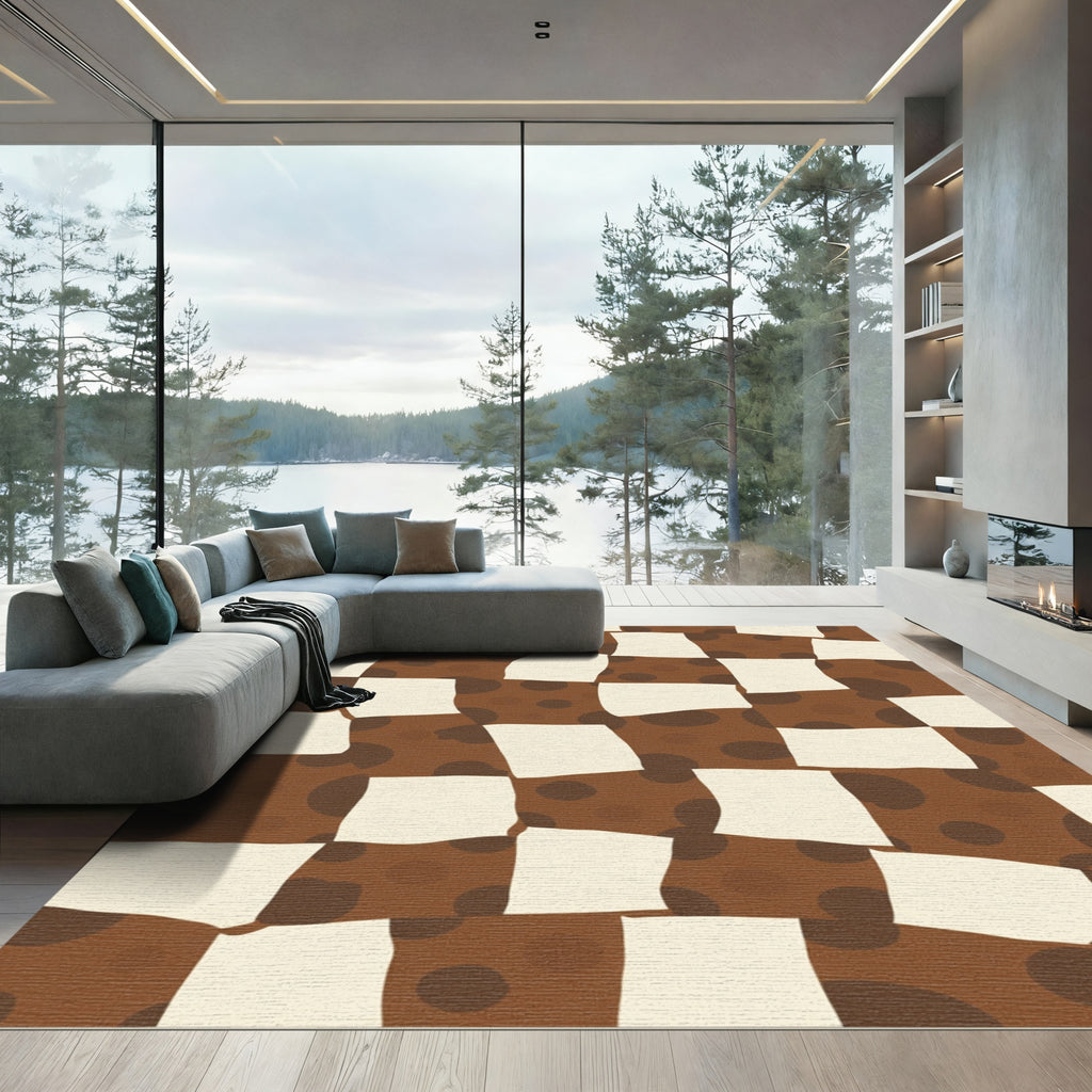 Brown Cream Polka Dot Checkerboard Rug