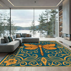 Yellow Butterfly Teal Floral Border Rug