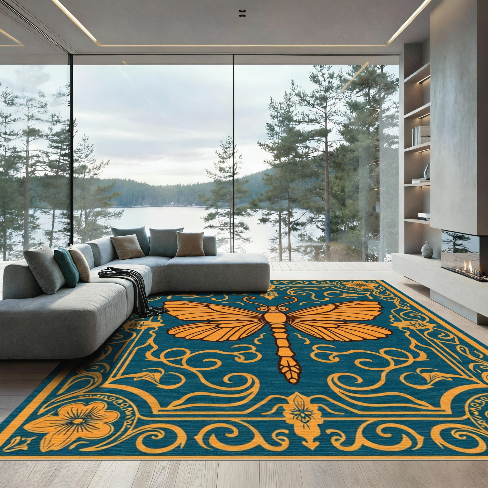 Yellow Butterfly Teal Floral Border Rug