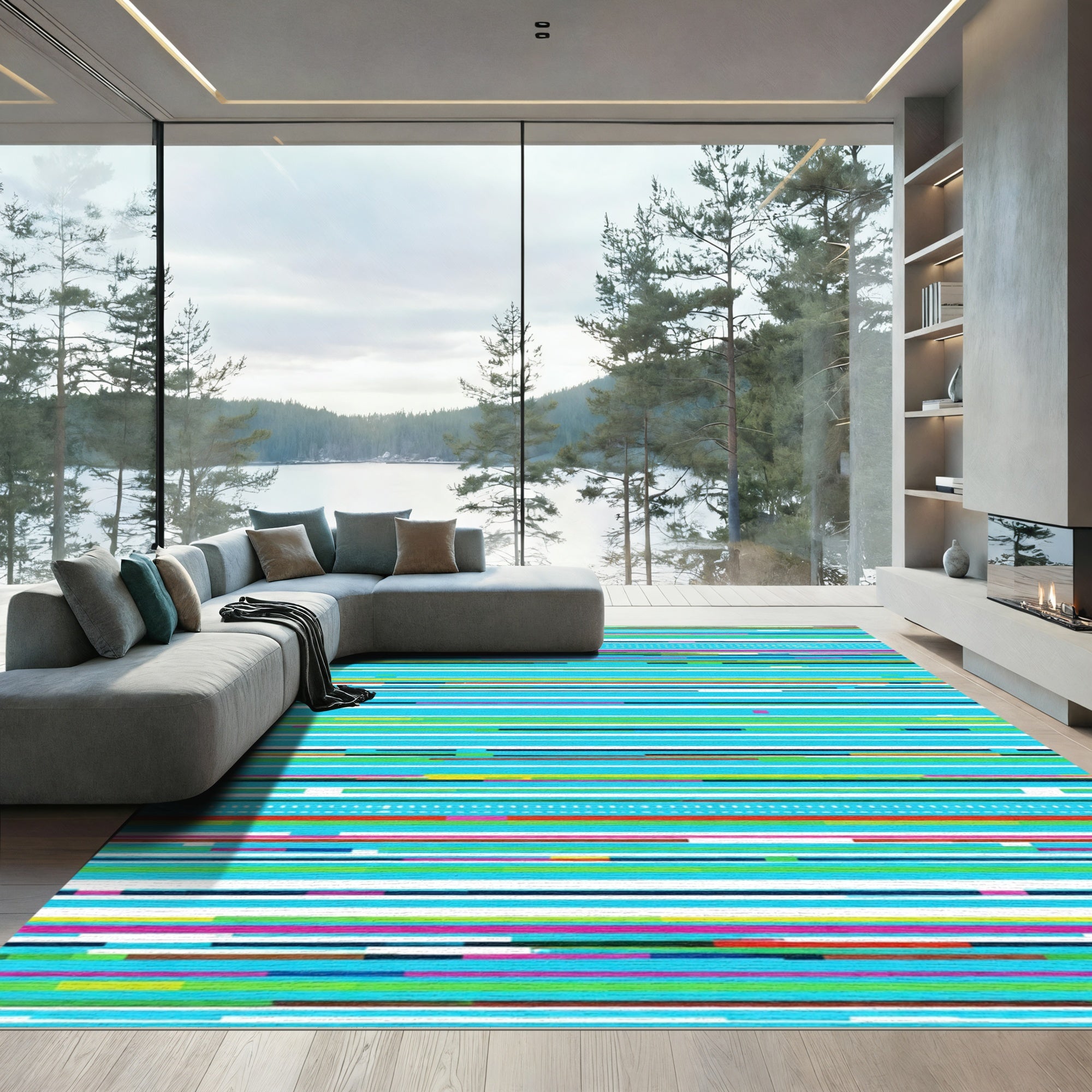 Modern Blue Multi Color Stripe Rug