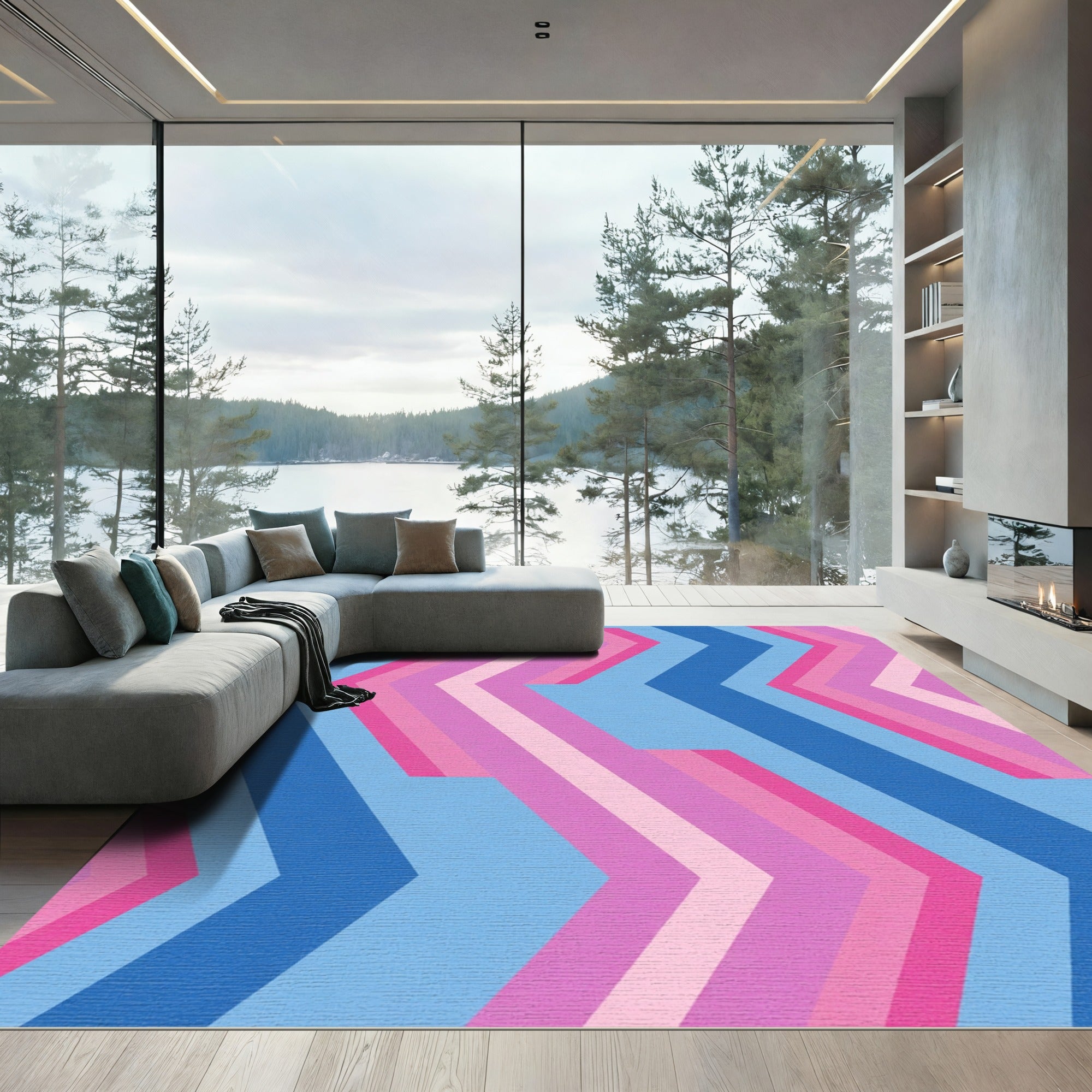 Geometric Chevron Pink Blue Lines Rug