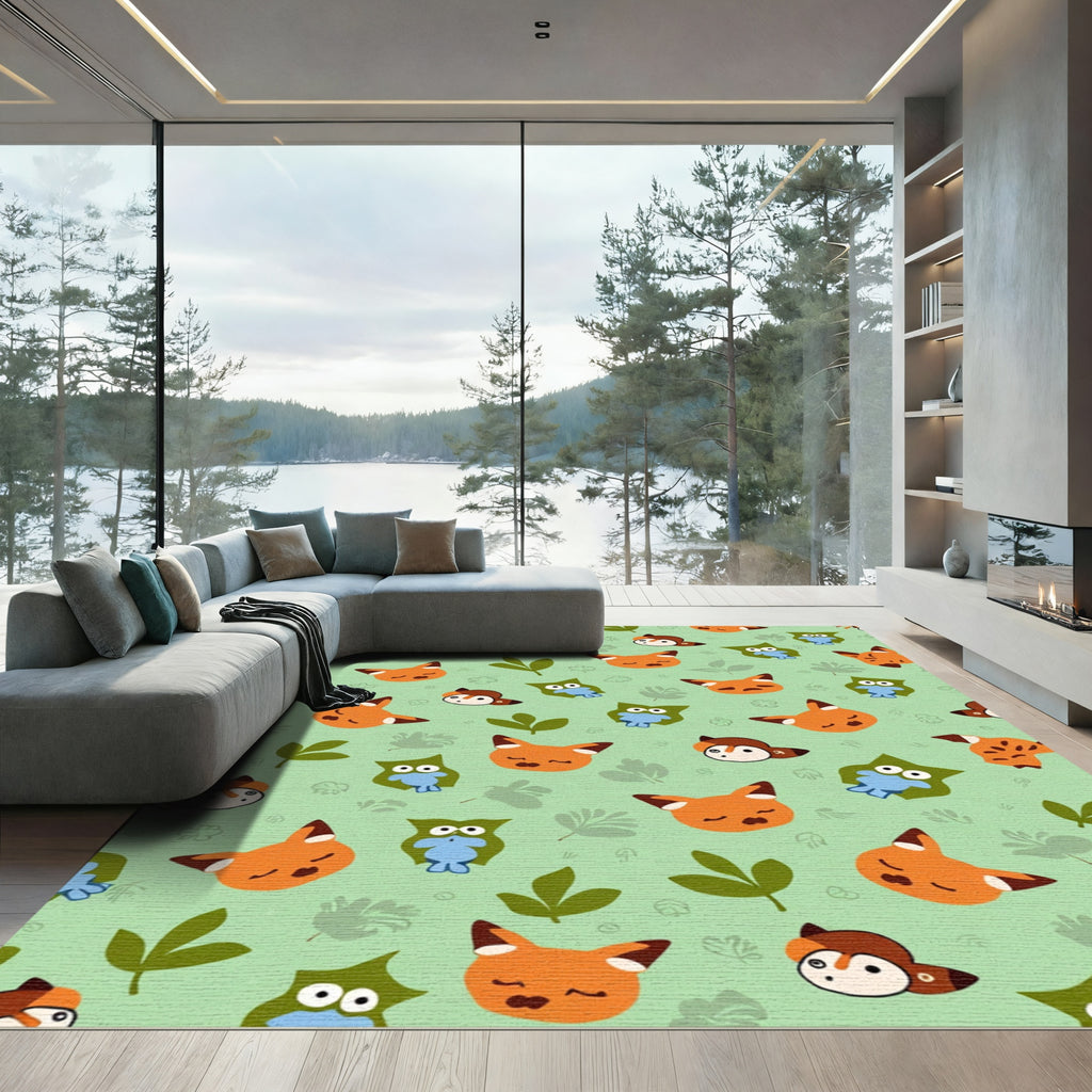 Whimsical Orange Fox Owl Forest Rug