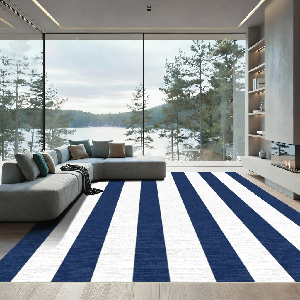 Navy White Vertical Stripe Rug - Washable Flatwoven Chenille
