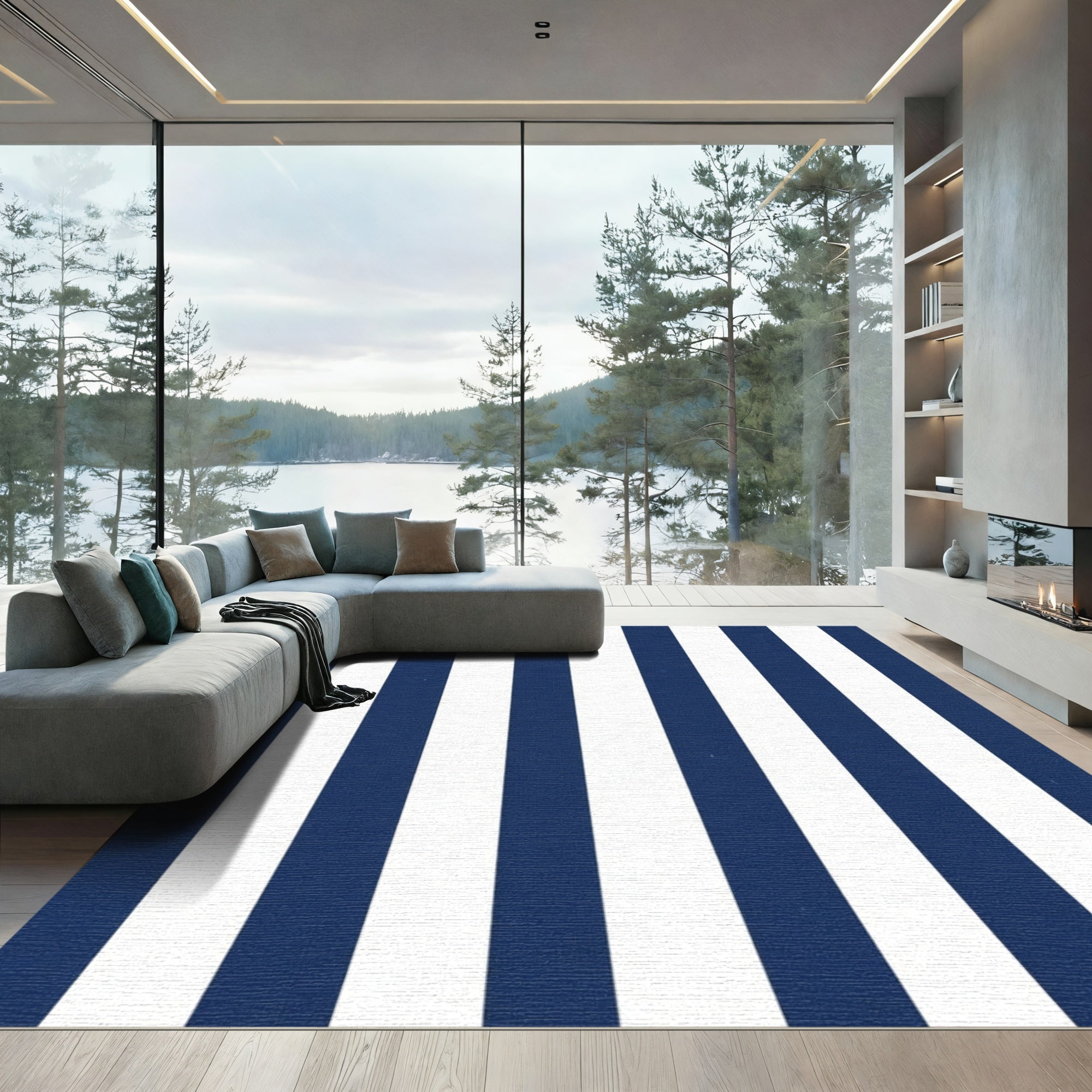 Navy White Vertical Stripe Rug - Washable Flatwoven Chenille