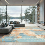 Terracotta Blue Abstract Pixelated Lines Rug