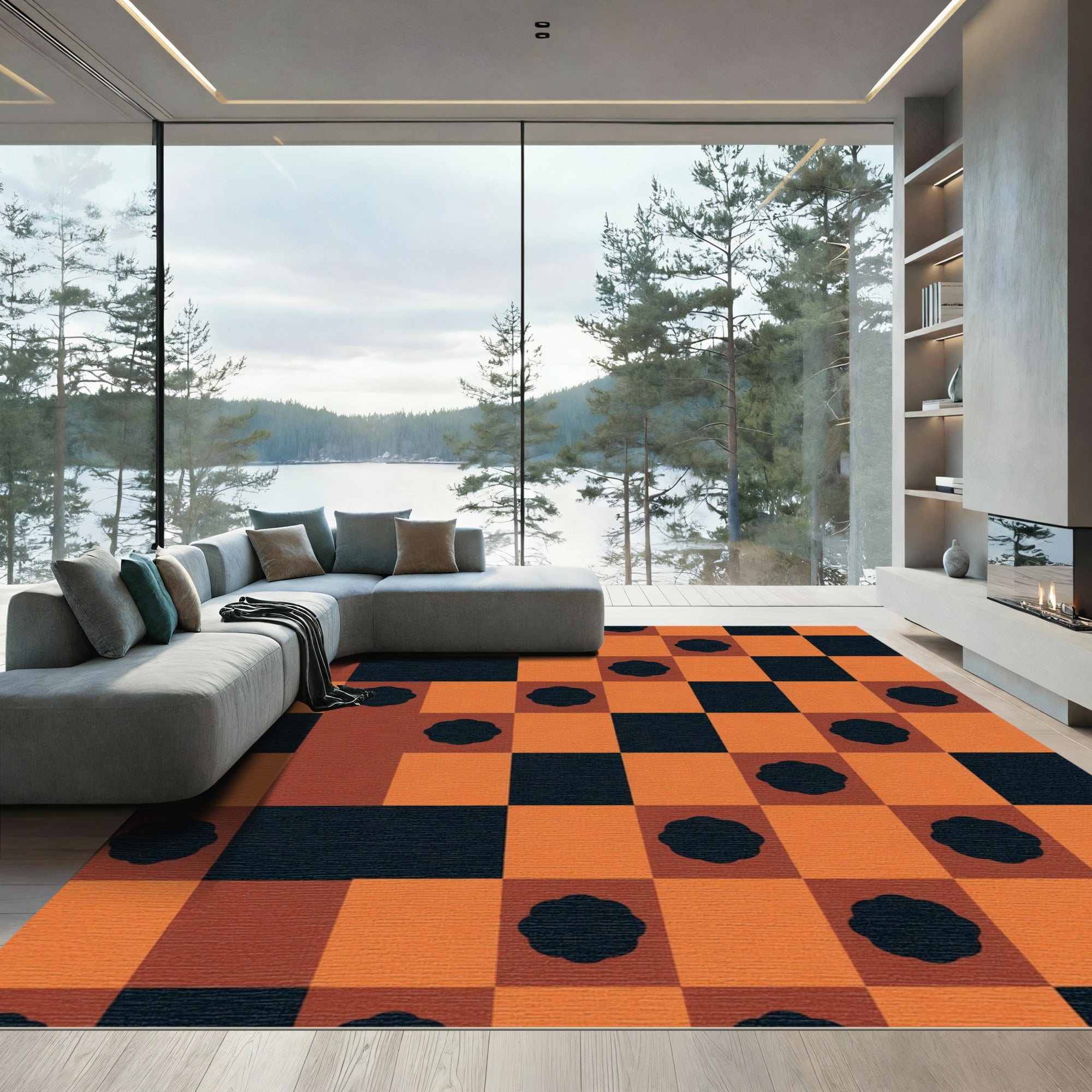 Orange Black Flower Checkered Square Rug