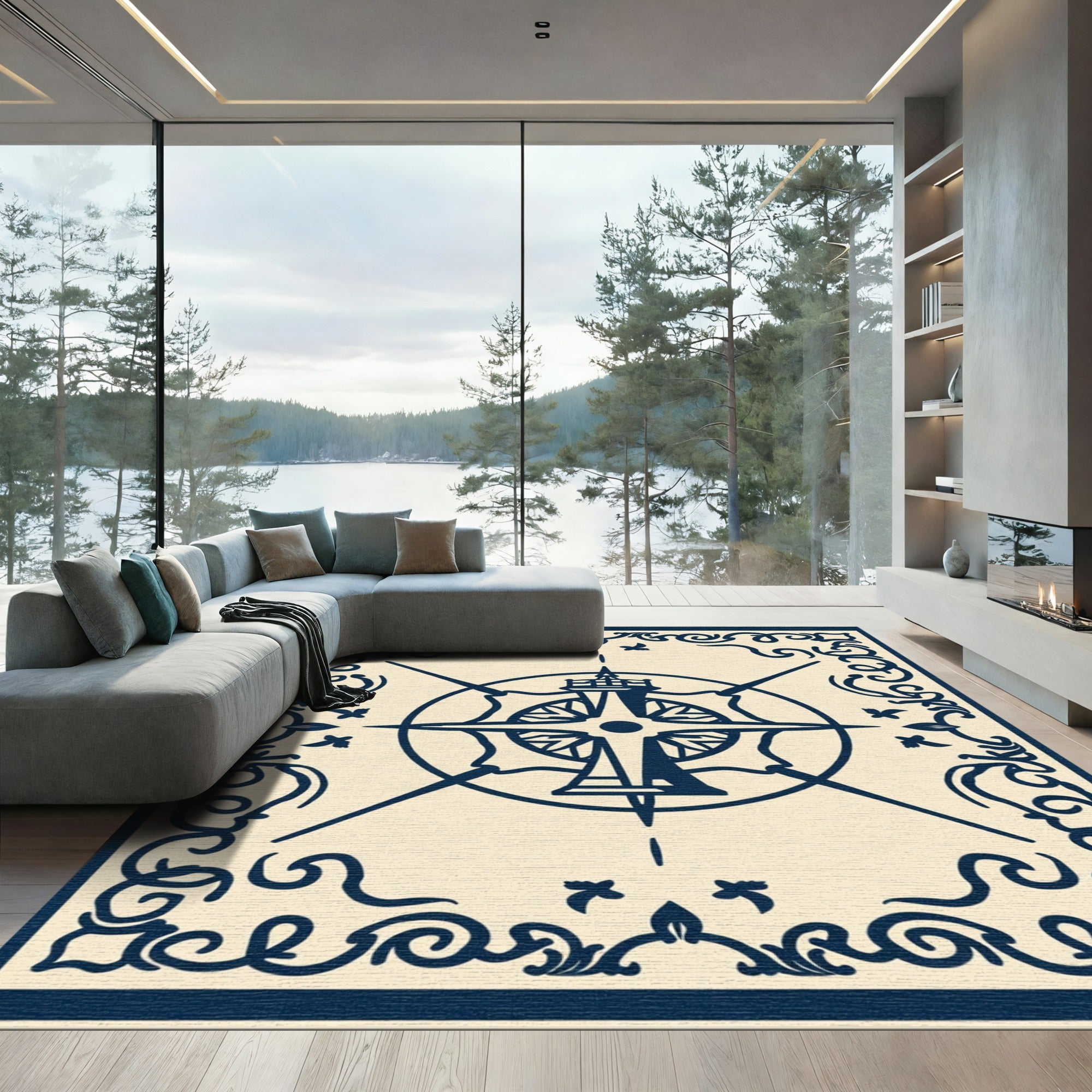Navy Compass Rose Scrollwork Medallion Rug