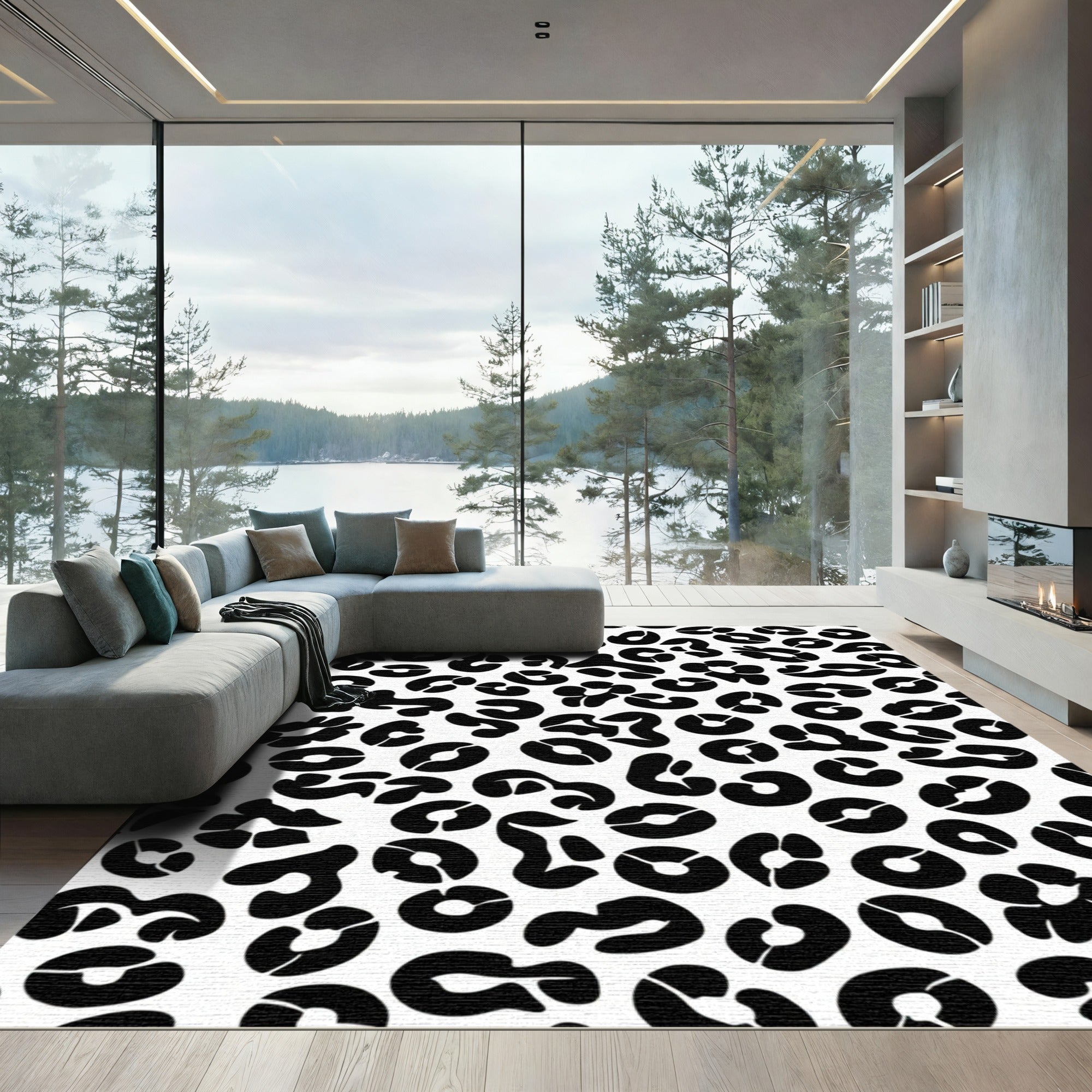 Chic Black White Leopard Spots Rug