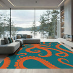 Bold Orange Octopus Teal Swirl Rug