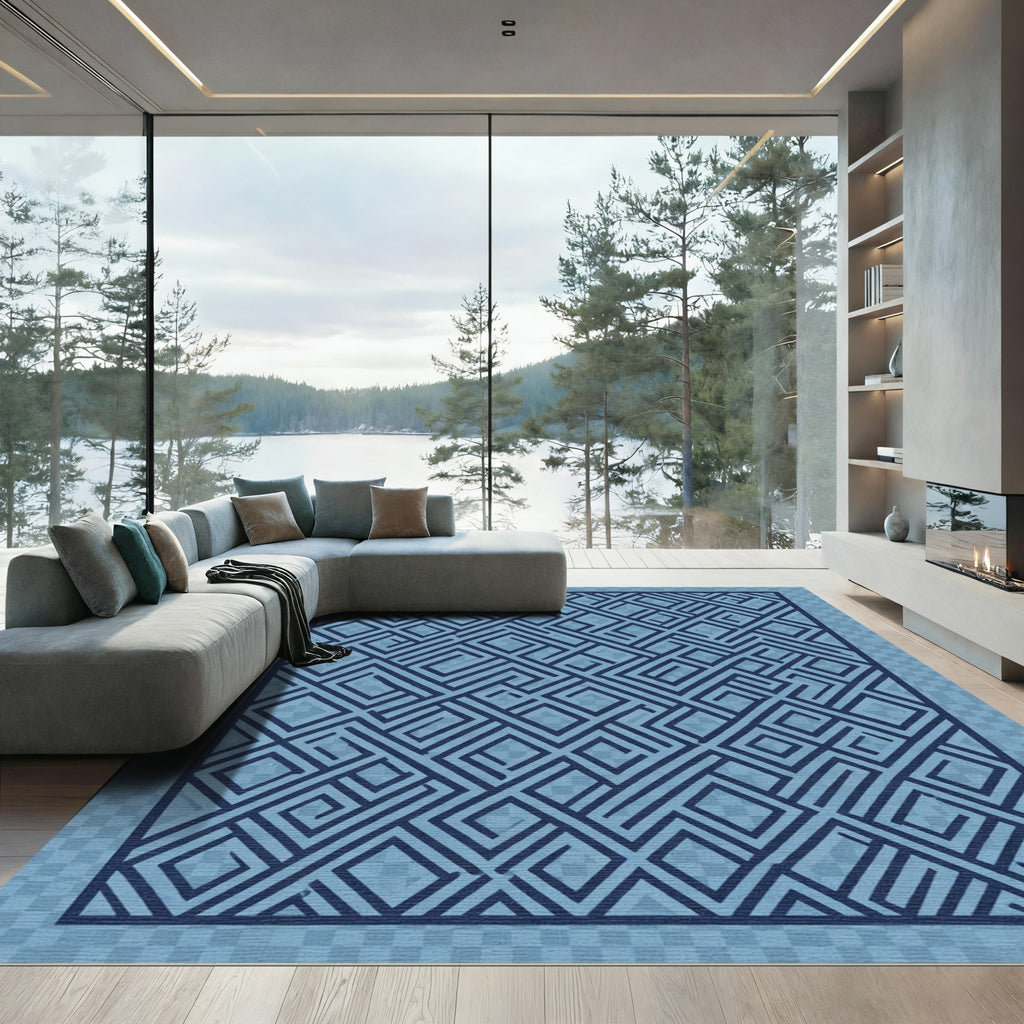 Deep Blue Interlocking Geometric Rug