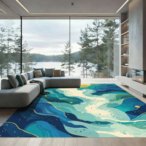 Abstract Blue Green Teal Wave Rug