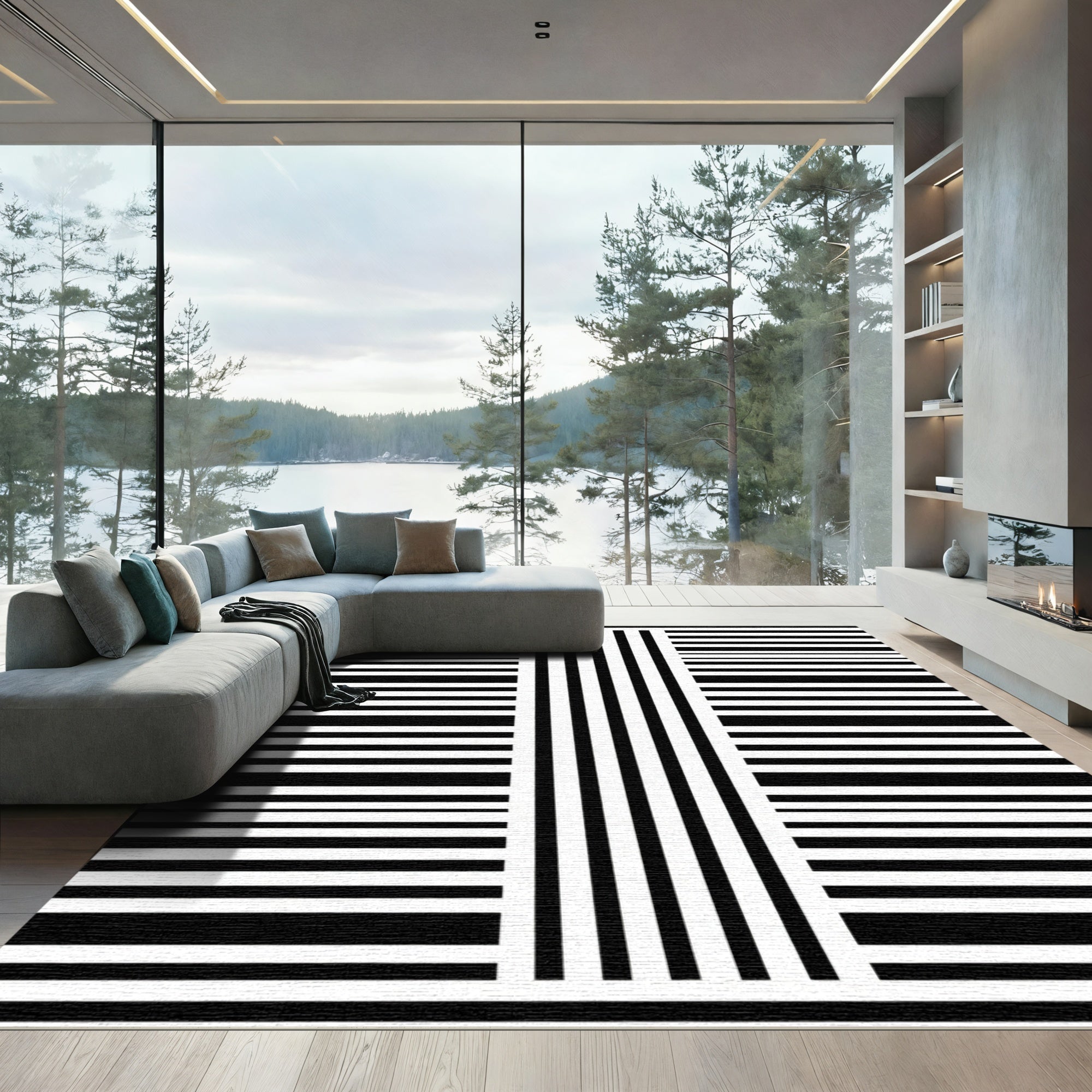 Monochrome Bold Vertical Horizontal Stripes Rug