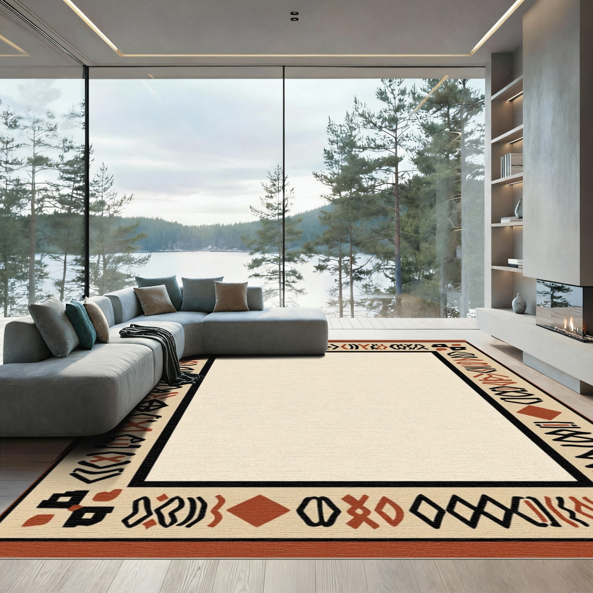 Terracotta Tribal Symbols Geometric Border Rug