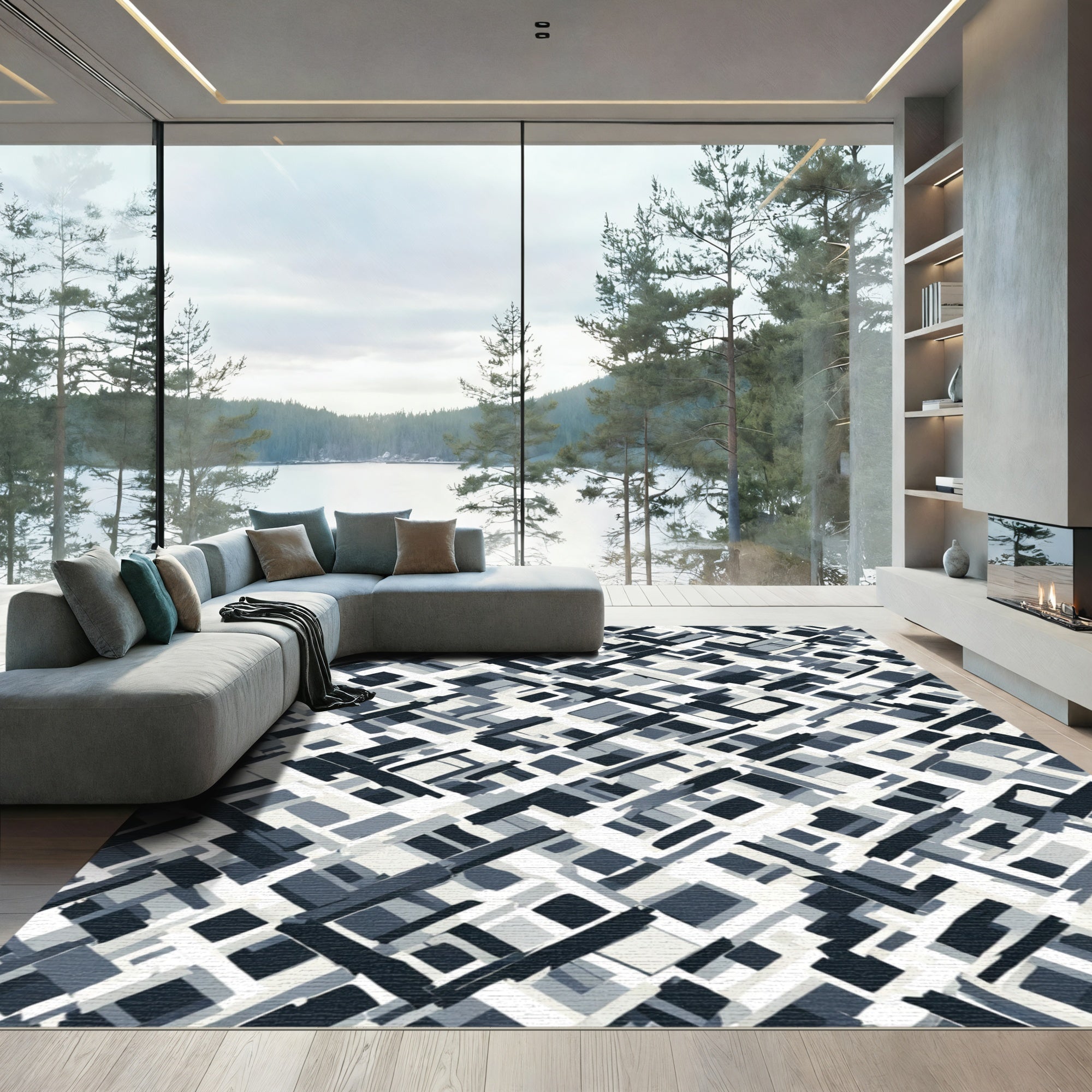 Monochromatic Abstract Geometric Overlay Rug