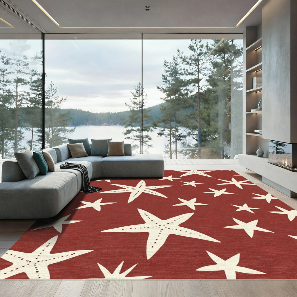 Cream Starfish Nautical Red Marine Rug