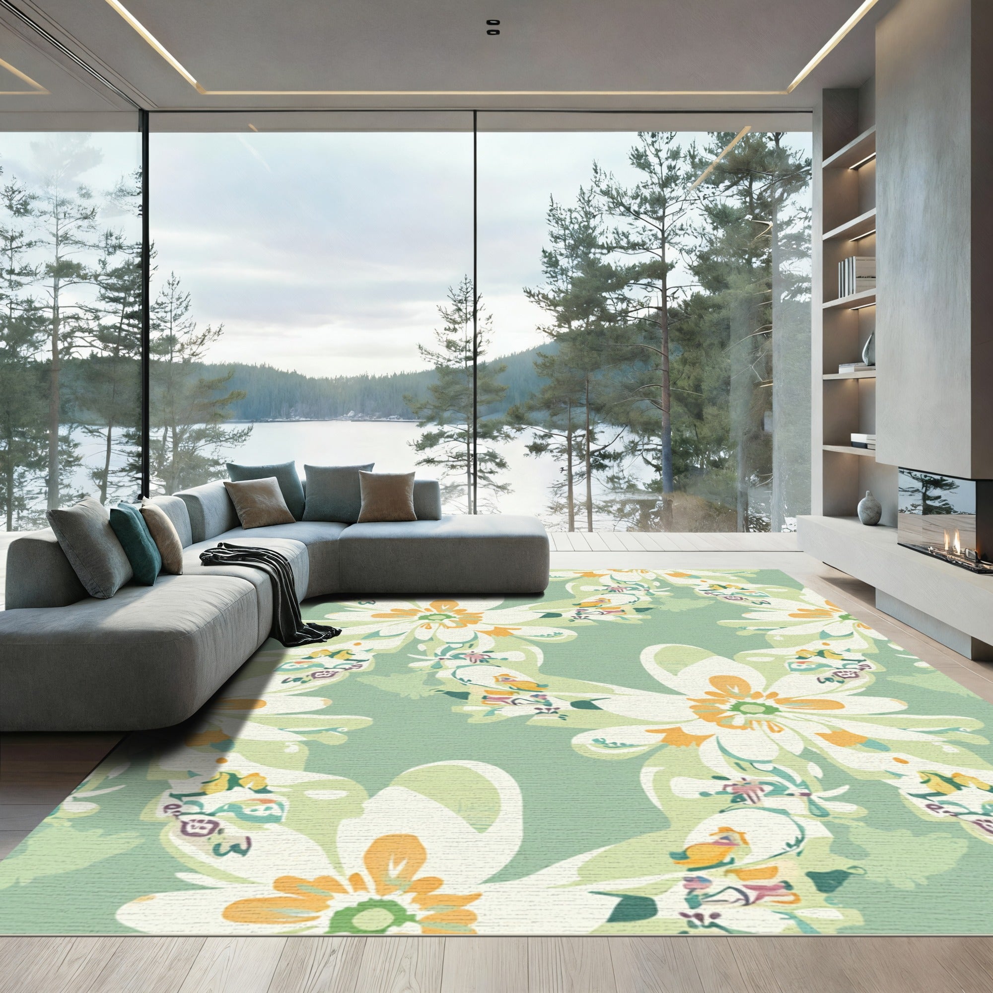Pale Sage Botanical Floral Repeat Rug