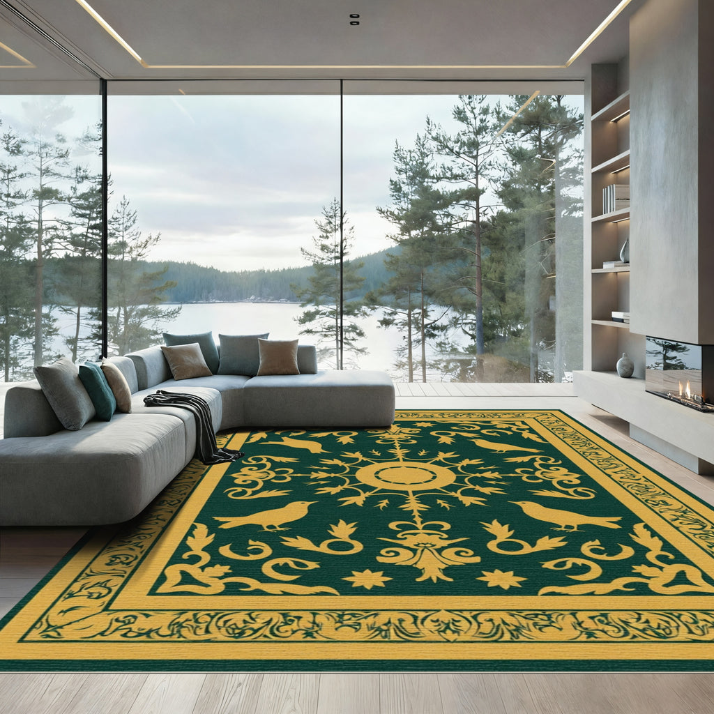 Golden Birds Emerald Scrollwork Rug