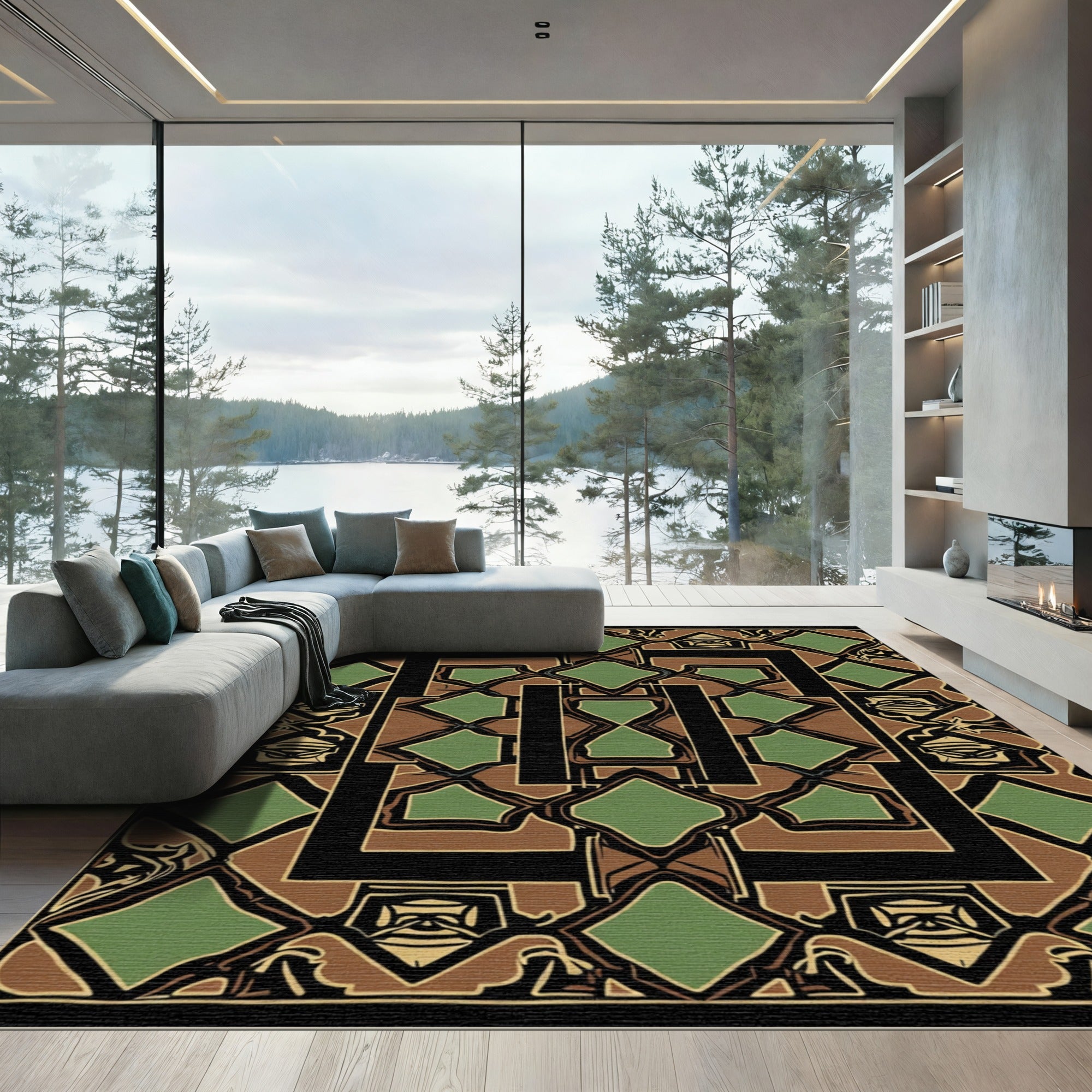Geometric Brown Black Green Diamond Rug